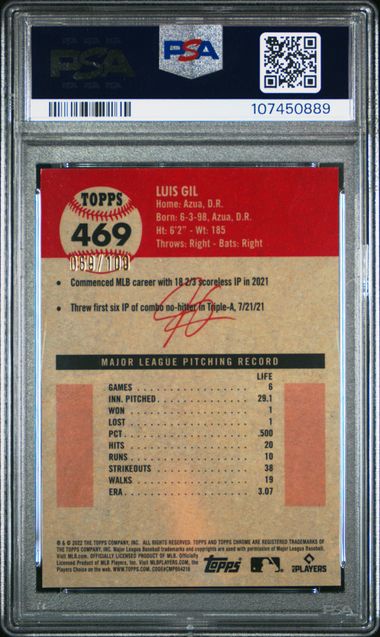 2022 Topps Chrome Platinum Anniversary Luis Gil #469 (Fuchsia Atomic Refractor) Gem Mt 10 back