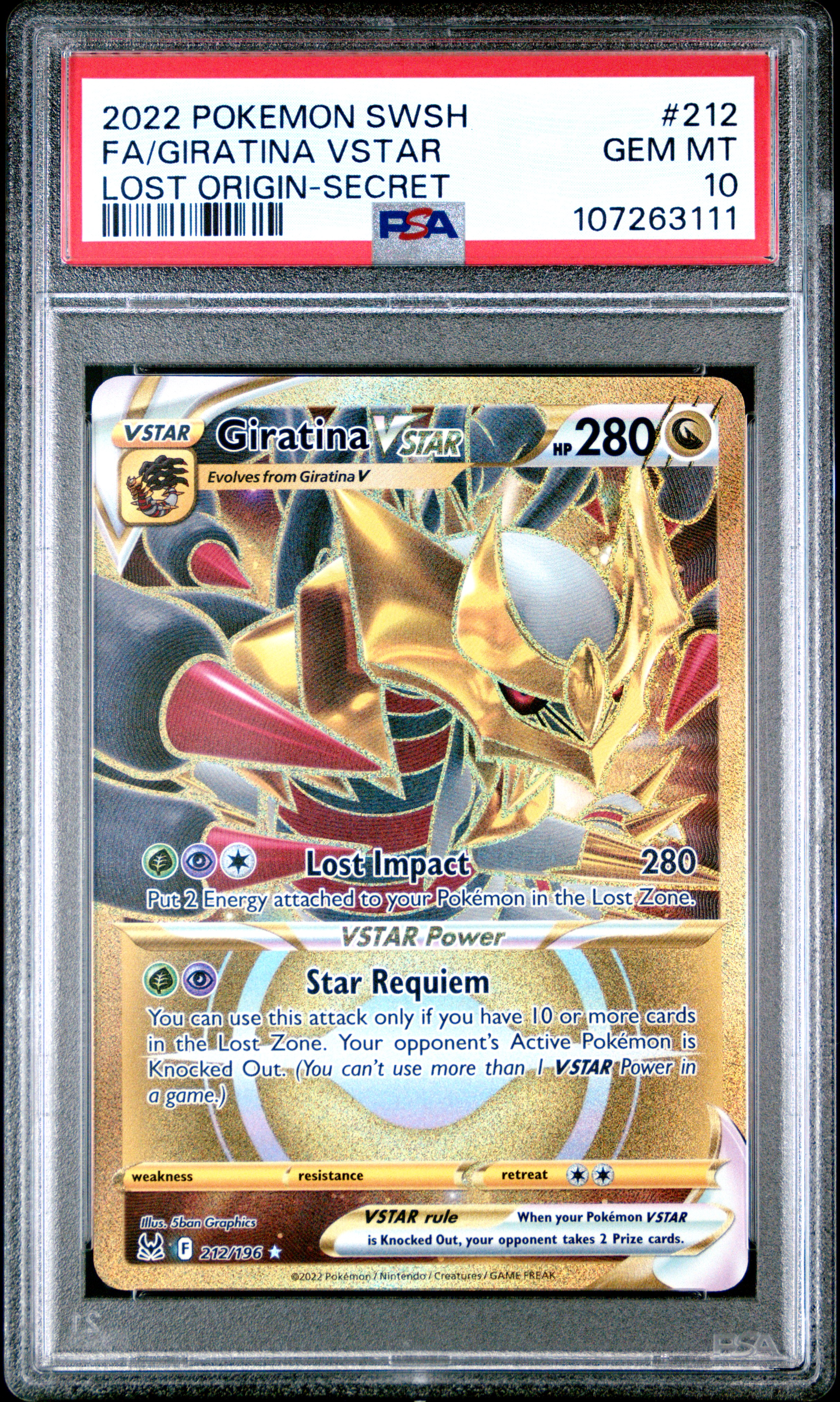 2022 Pokemon Sword & Shield Lost Origin Fa / Giratina Vstar #212 (Lost Origin-Secret) Gem Mt 10 back