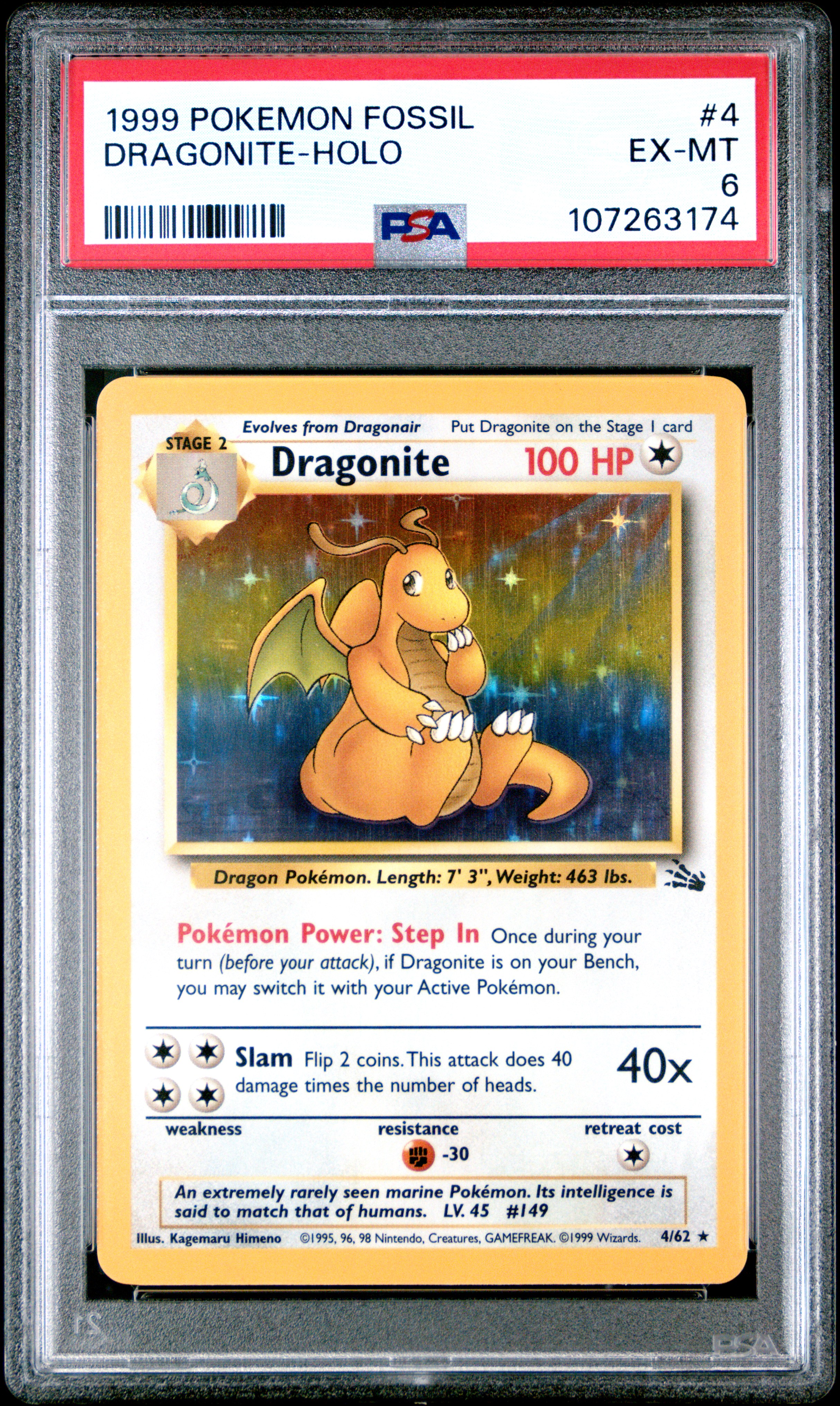 1999 Pokemon Fossil Dragonite-Holo #4 Ex-Mt 6 back