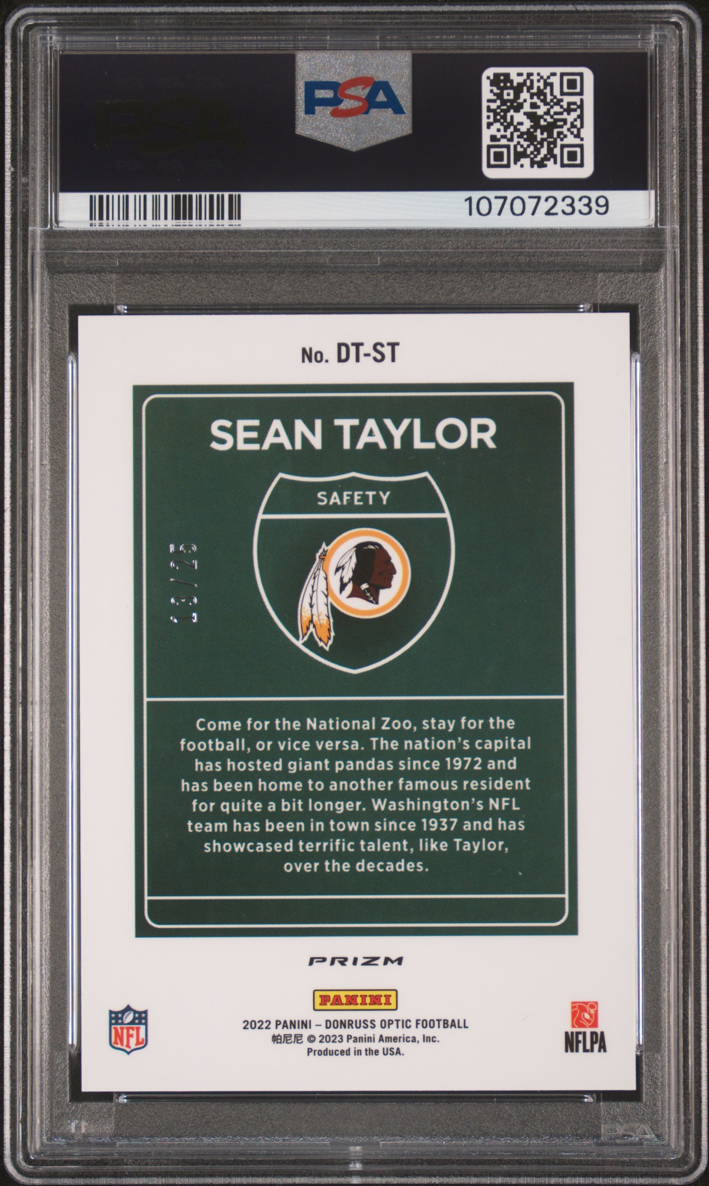 2022 Panini Donruss Optic Downtown Sean Taylor #Dtst (Downtown-Black Pandora) Gem Mt 10 back