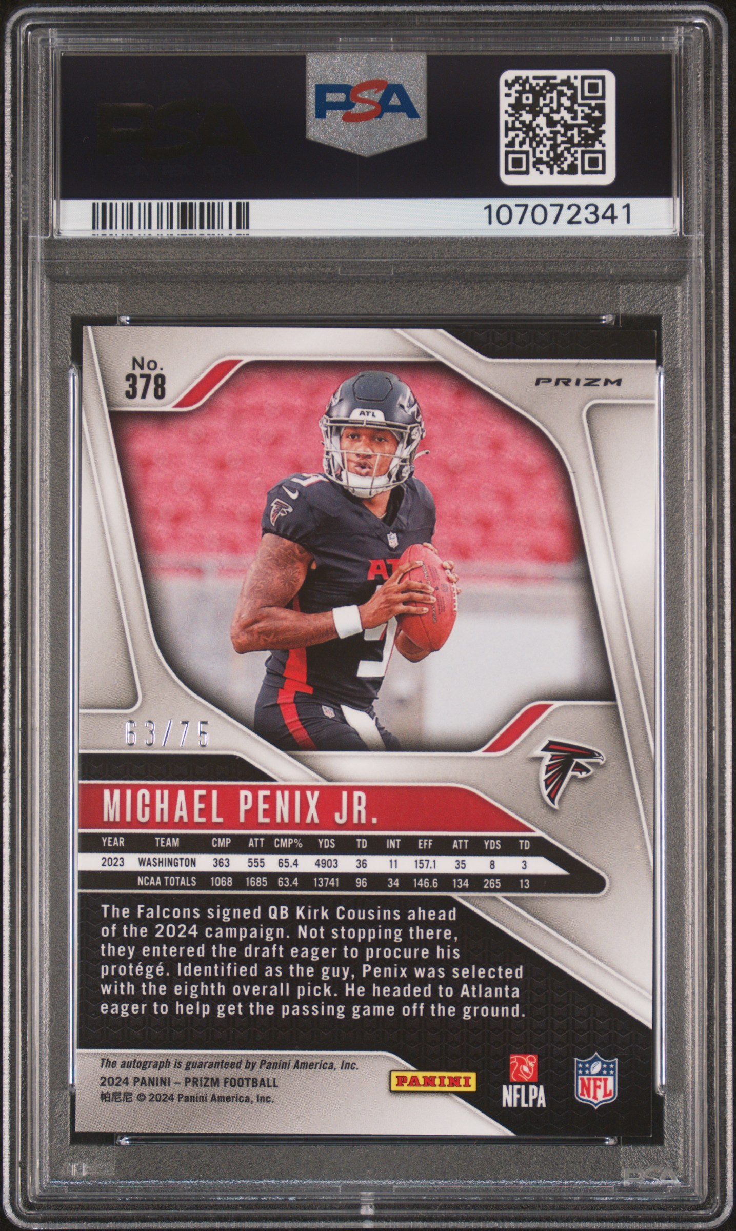 2024 Panini Prizm Michael Penix Jr. #378 (Autograph-Green Scope) Mint 9 back