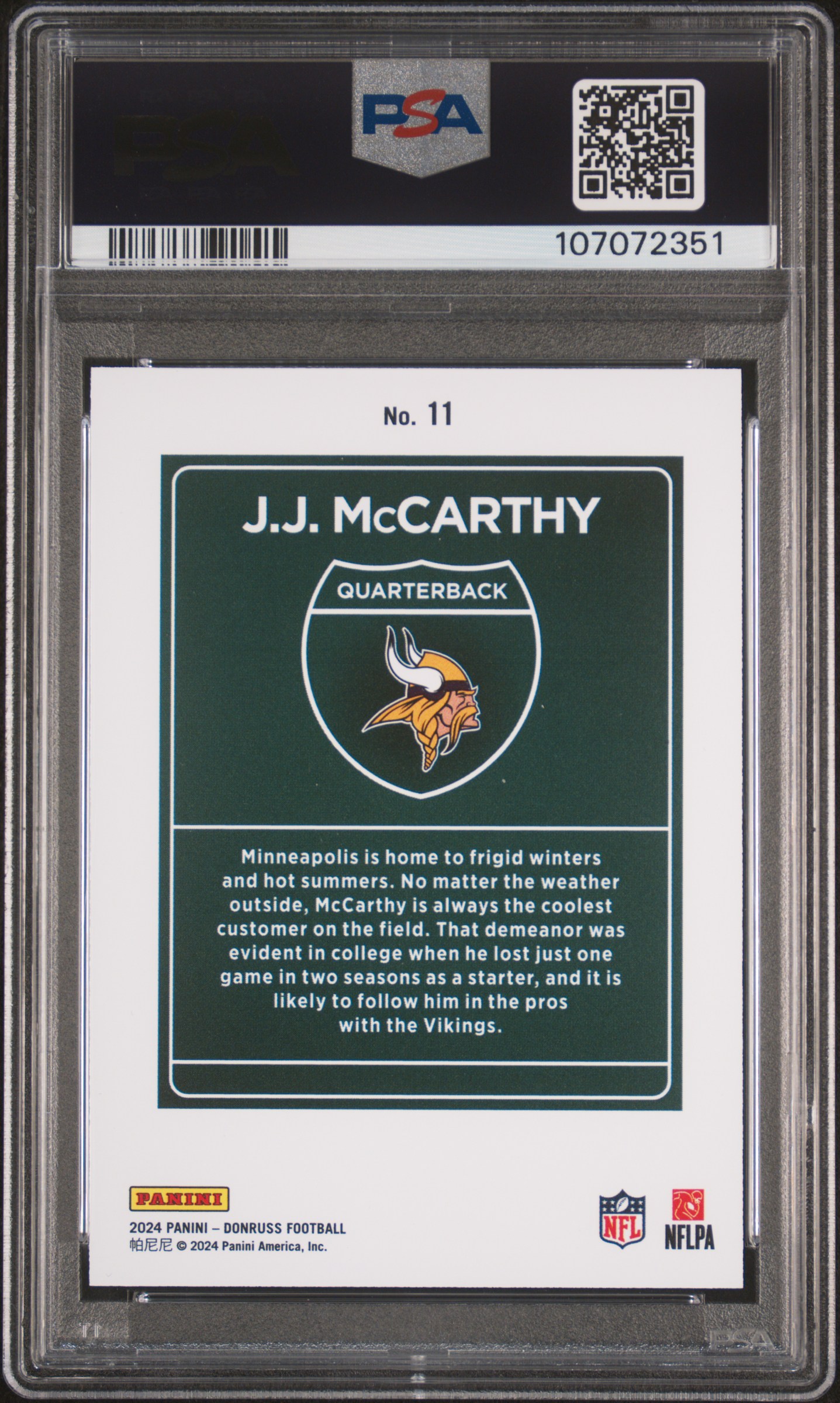 2024 Panini Donruss Downtown! Jj Mccarthy #11 Gem Mt 10 back