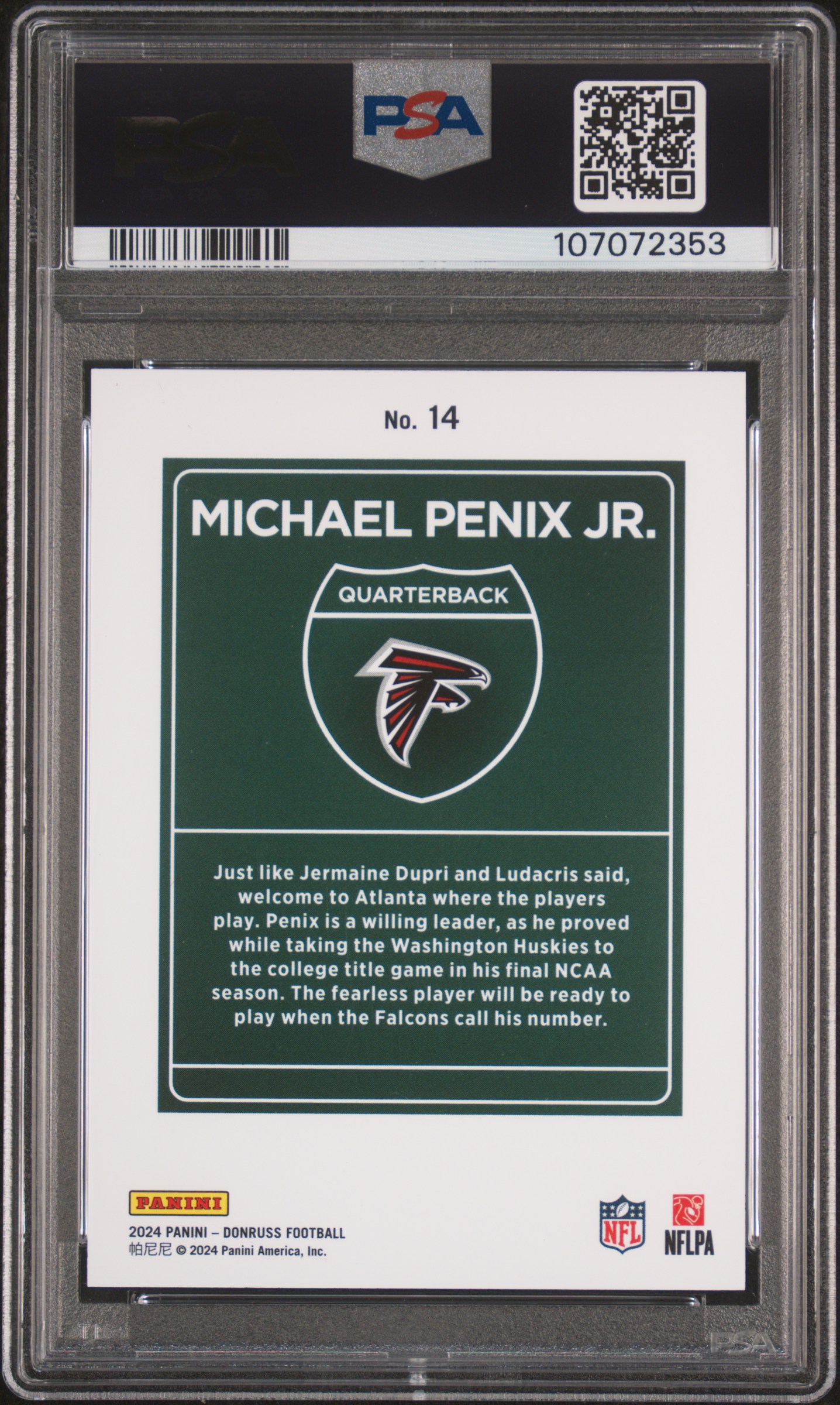 2024 Panini Donruss Downtown! Michael Penix Jr. #14 Gem Mt 10 back