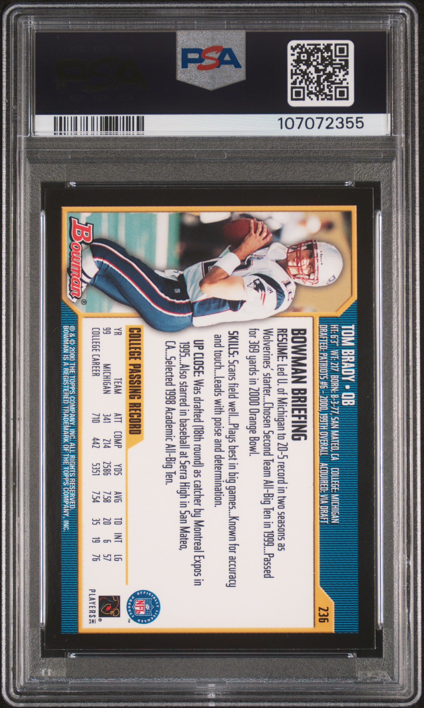 2000 Bowman Tom Brady #236 Mint 9 back