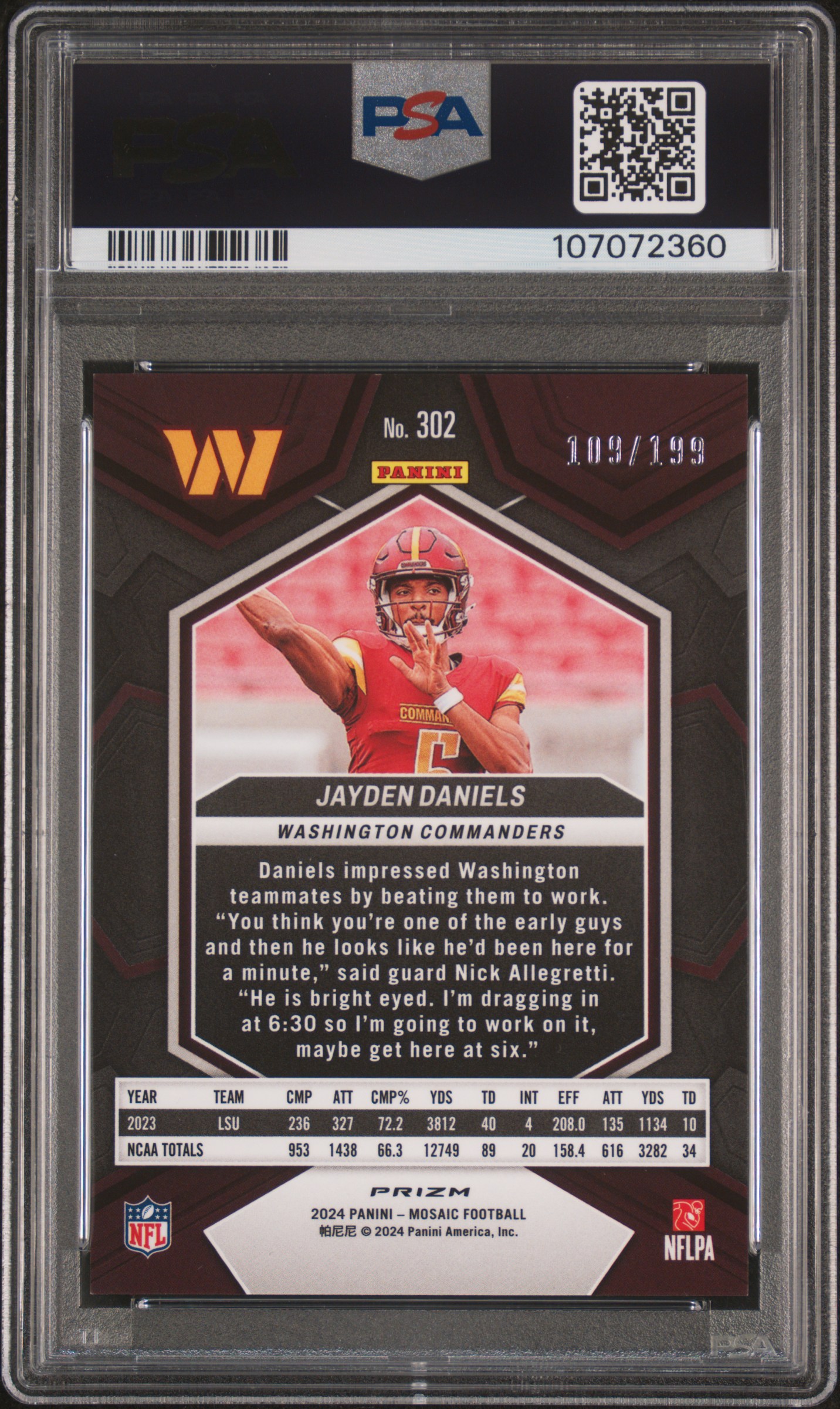 2024 Panini Mosaic Jayden Daniels #302 (Orange) Gem Mt 10 back