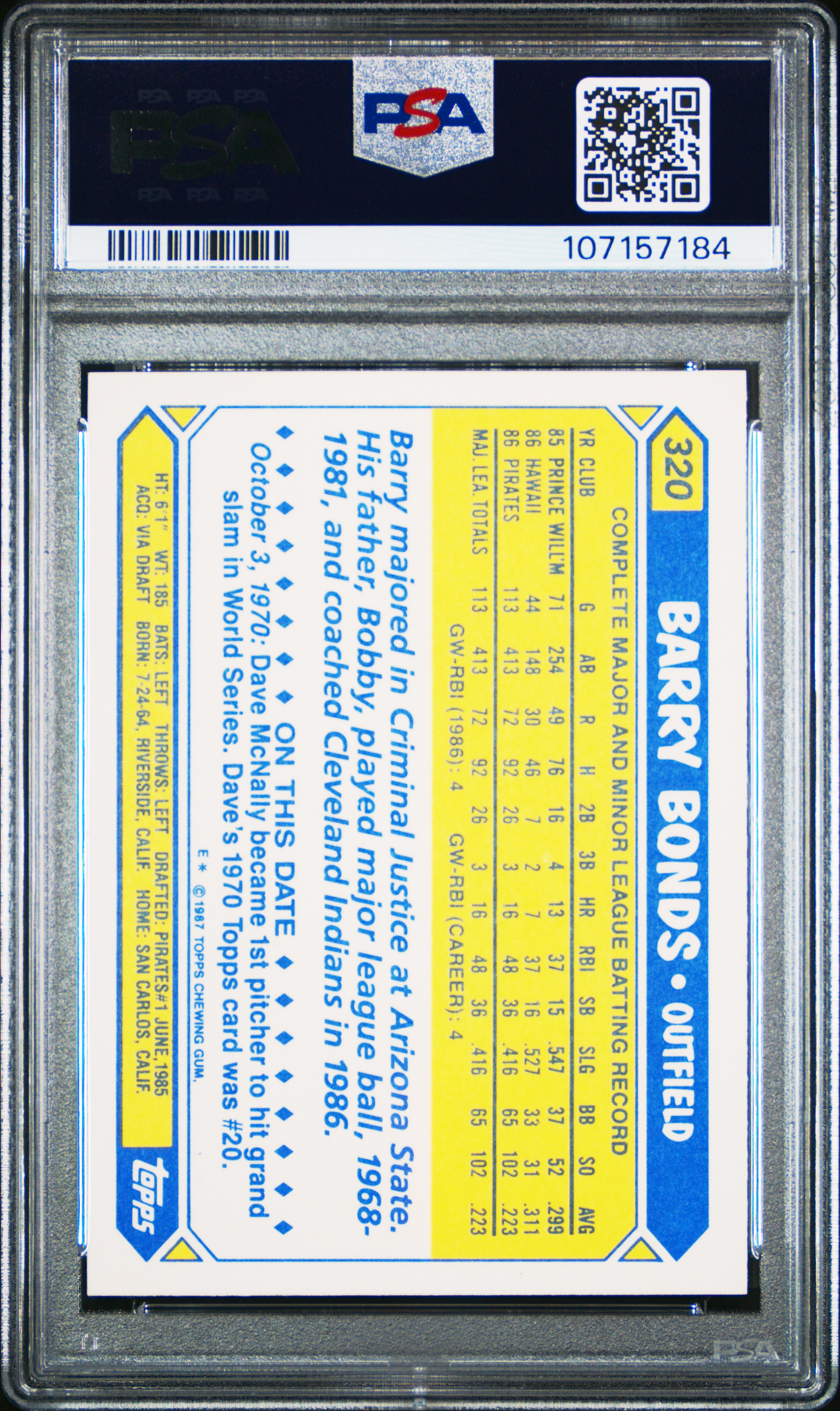 1987 Topps Tiffany Barry Bonds #320 Nm-Mt 8 back