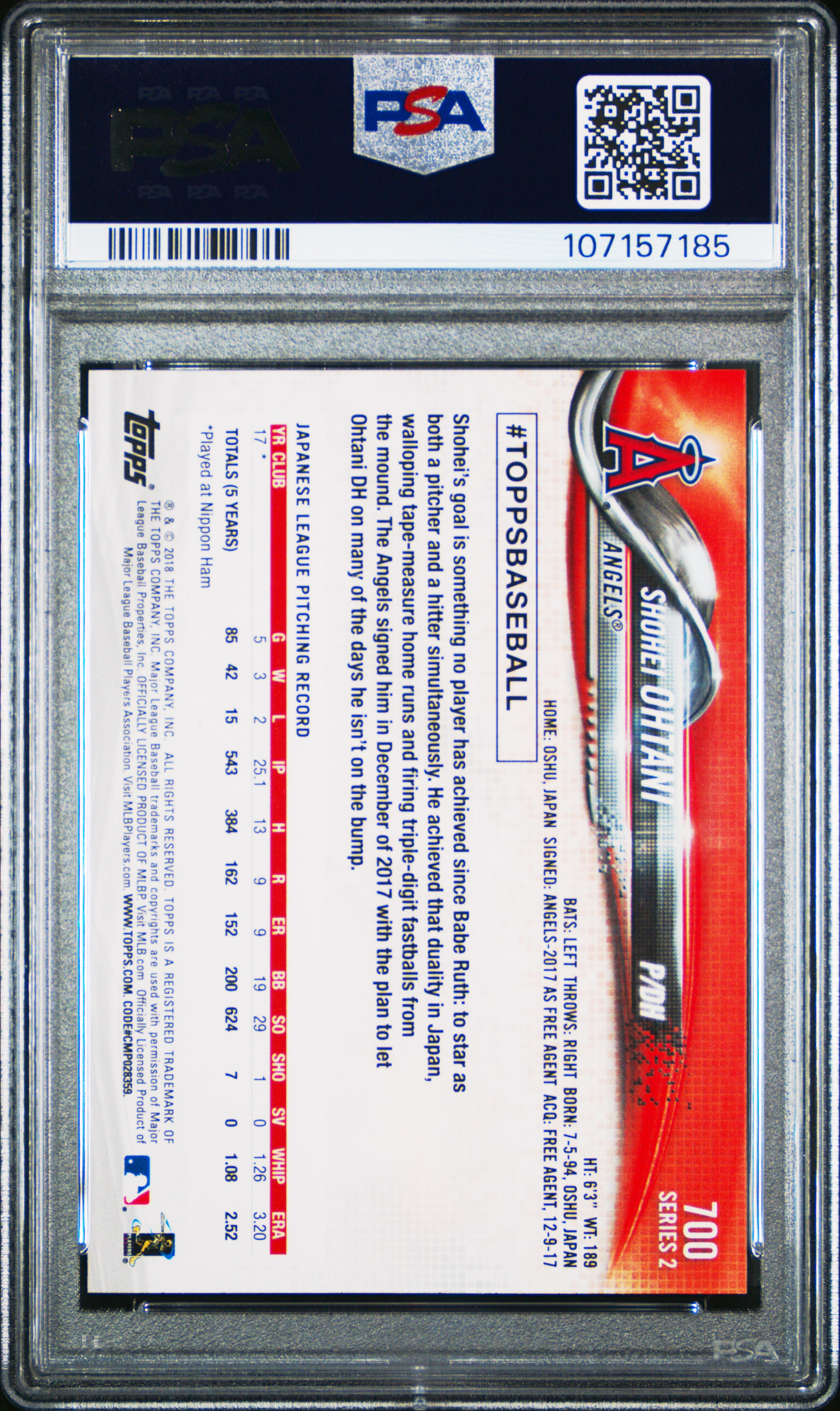 2018 Topps Shohei Ohtani #700 (Pitching) Mint 9 back