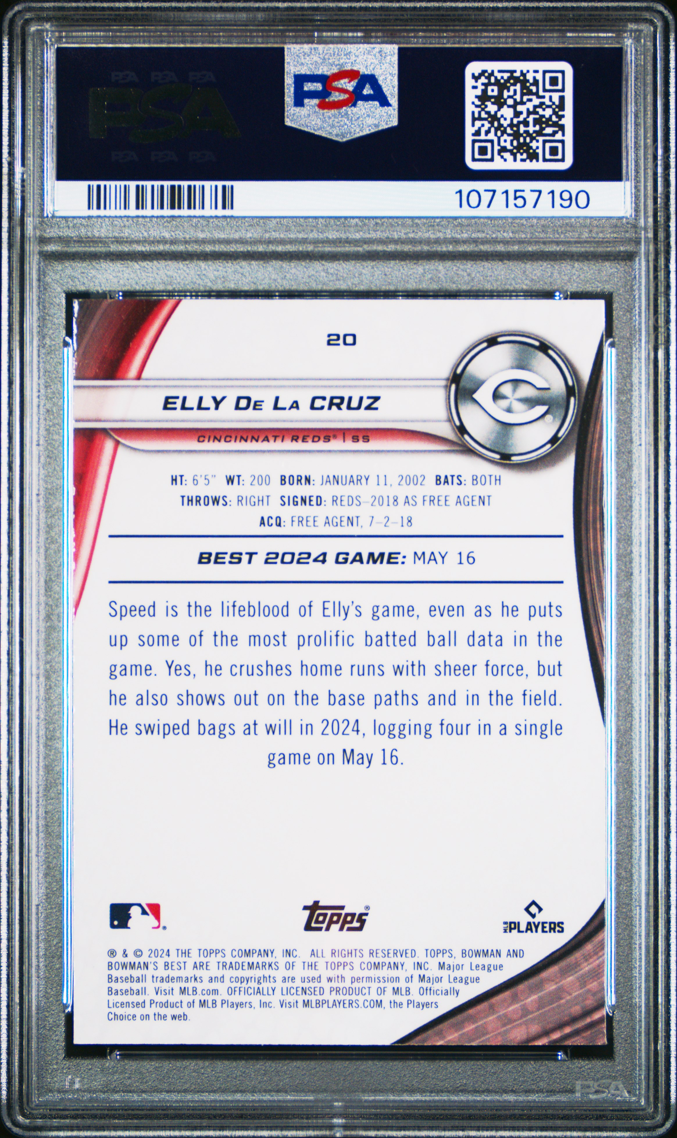 2024 Bowman's Best Elly De La Cruz #20 (Purple Mojo) Gem Mt 10 back