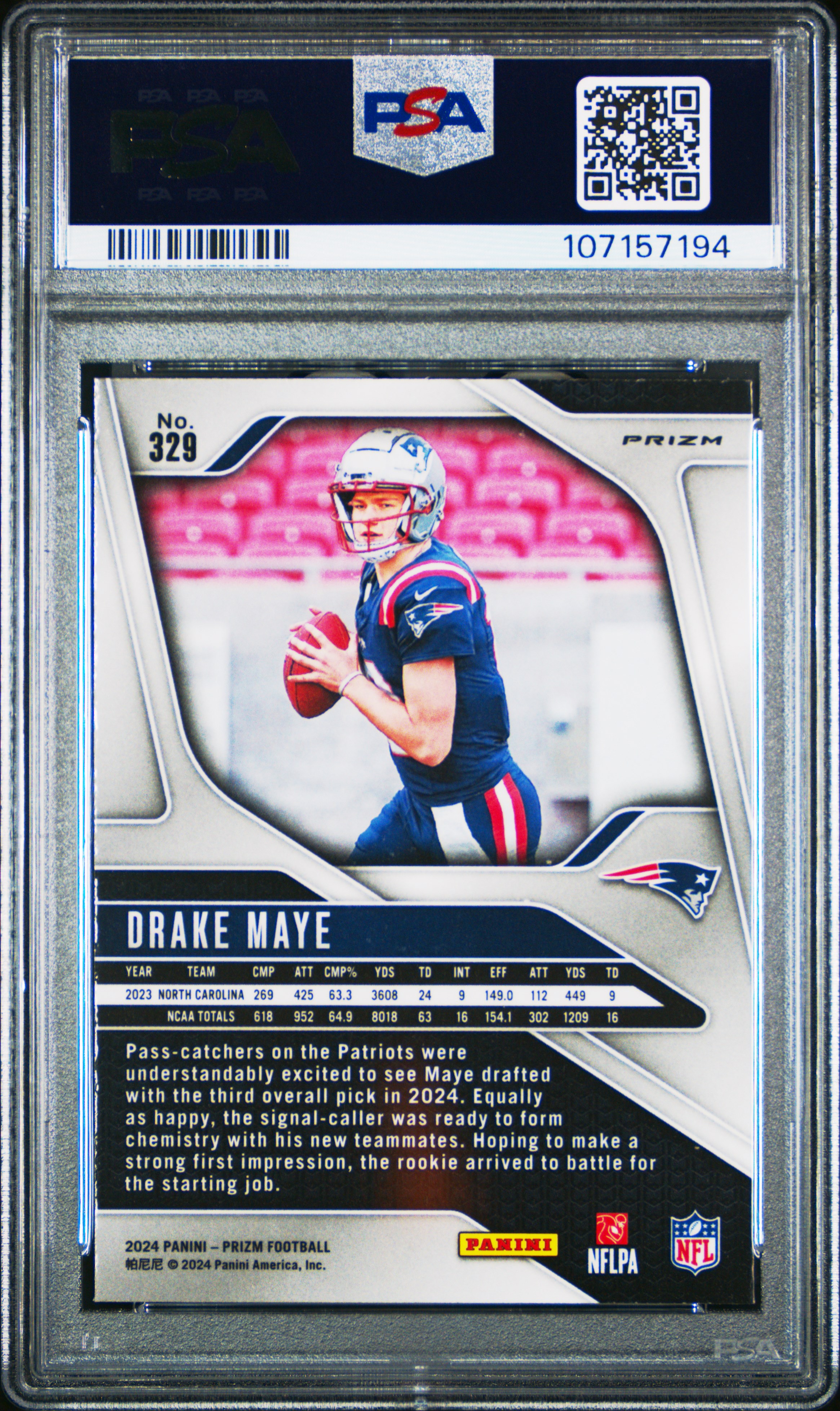 2024 Panini Prizm Drake Maye #329 (Red/White/Blue Prizm) Mint 9 back