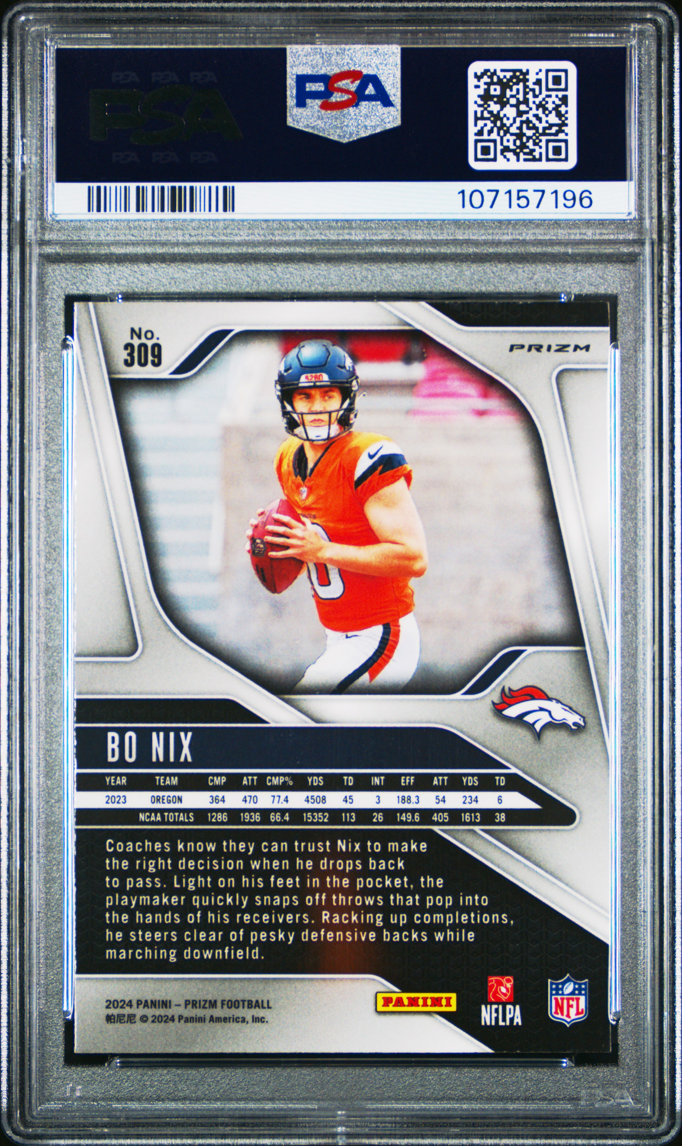 2024 Panini Prizm Bo Nix #309 (Silver Prizm) Mint 9 back