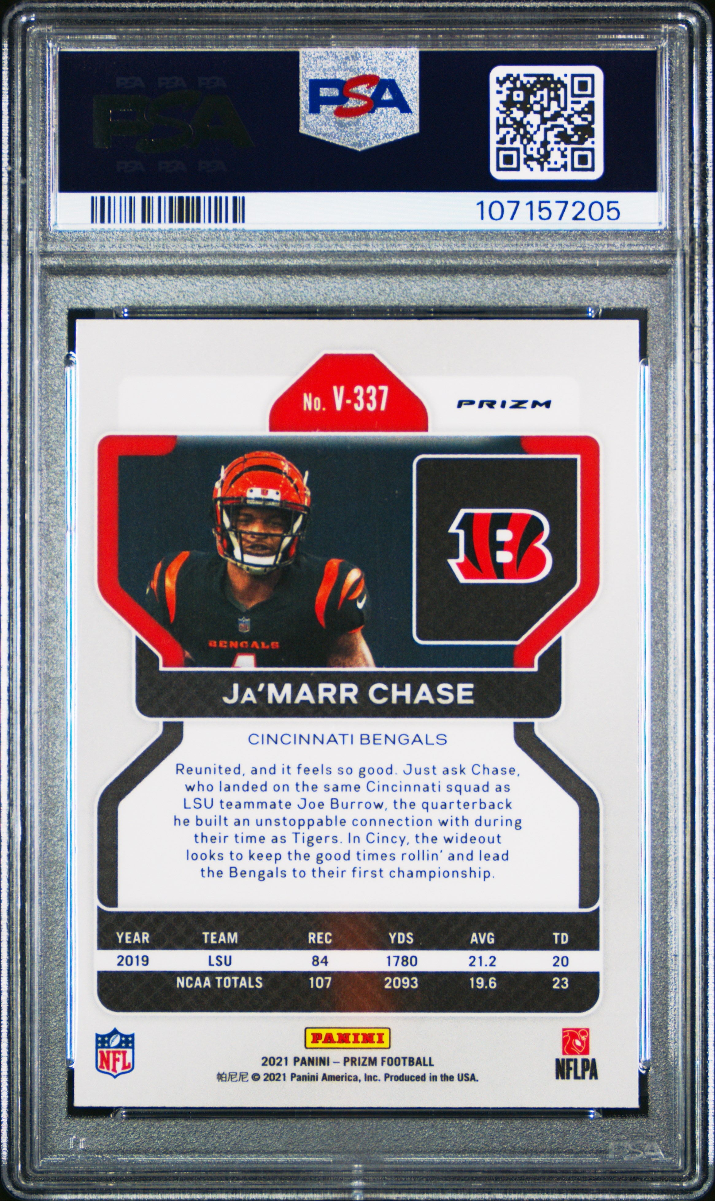 2021 Panini Prizm Ja'marr Chase #V337 (Variation-Silver Prizm) Gem Mt 10 back