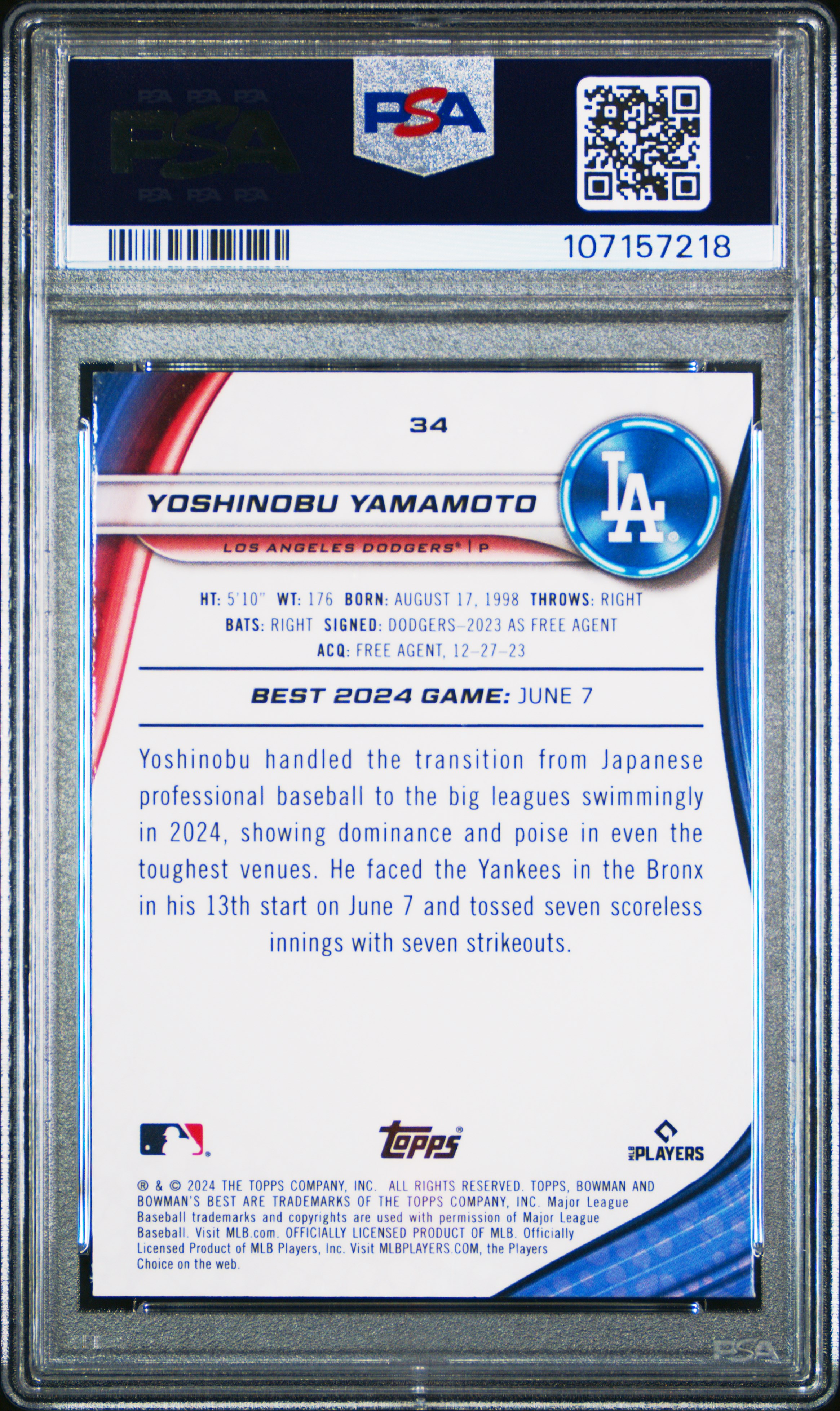 2024 Bowman's Best Yoshinobu Yamamoto #34 (Purple Mojo) Gem Mt 10 back