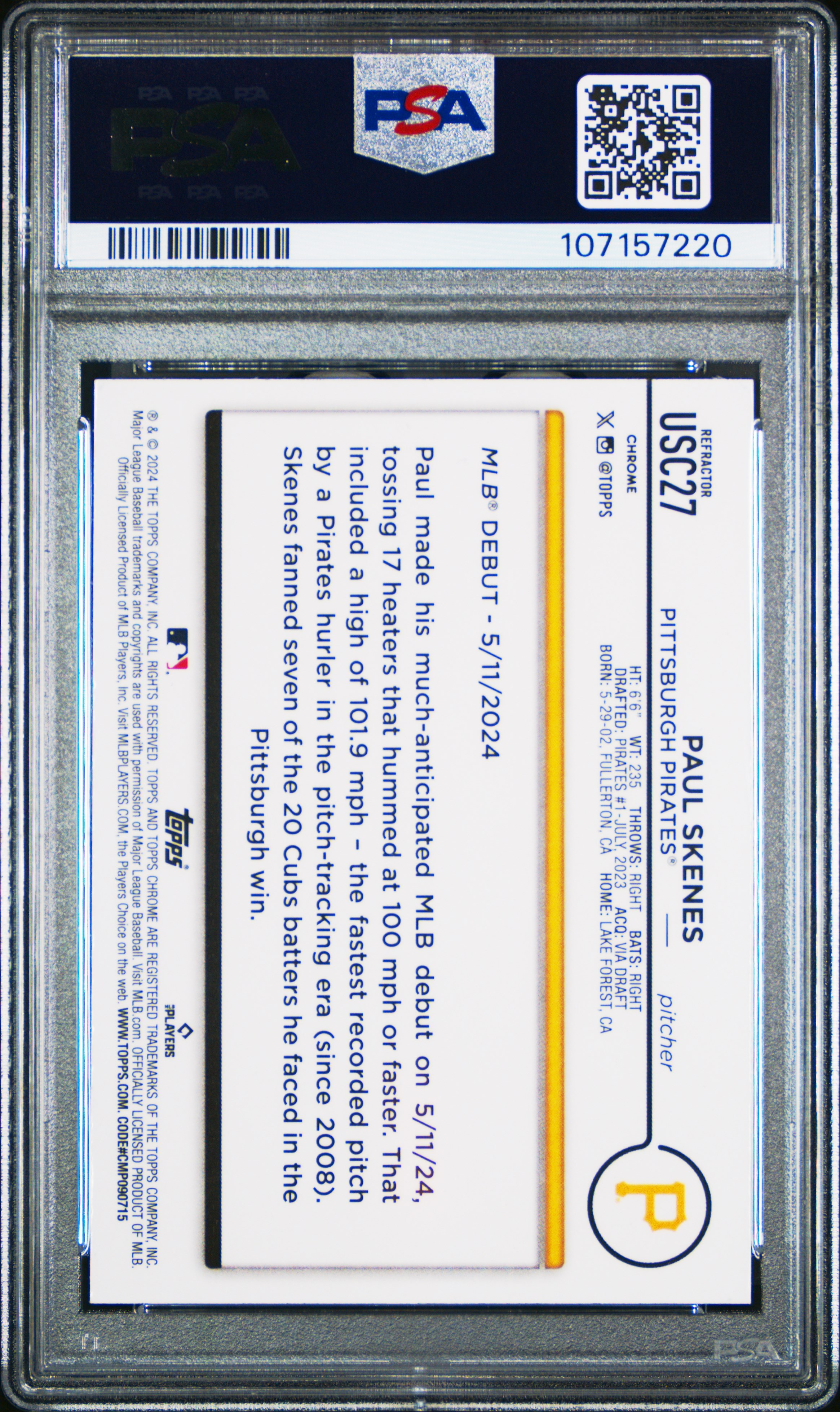 2024 Topps Chrome Update Paul Skenes #Usc27 (Refractor) Mint 9 back