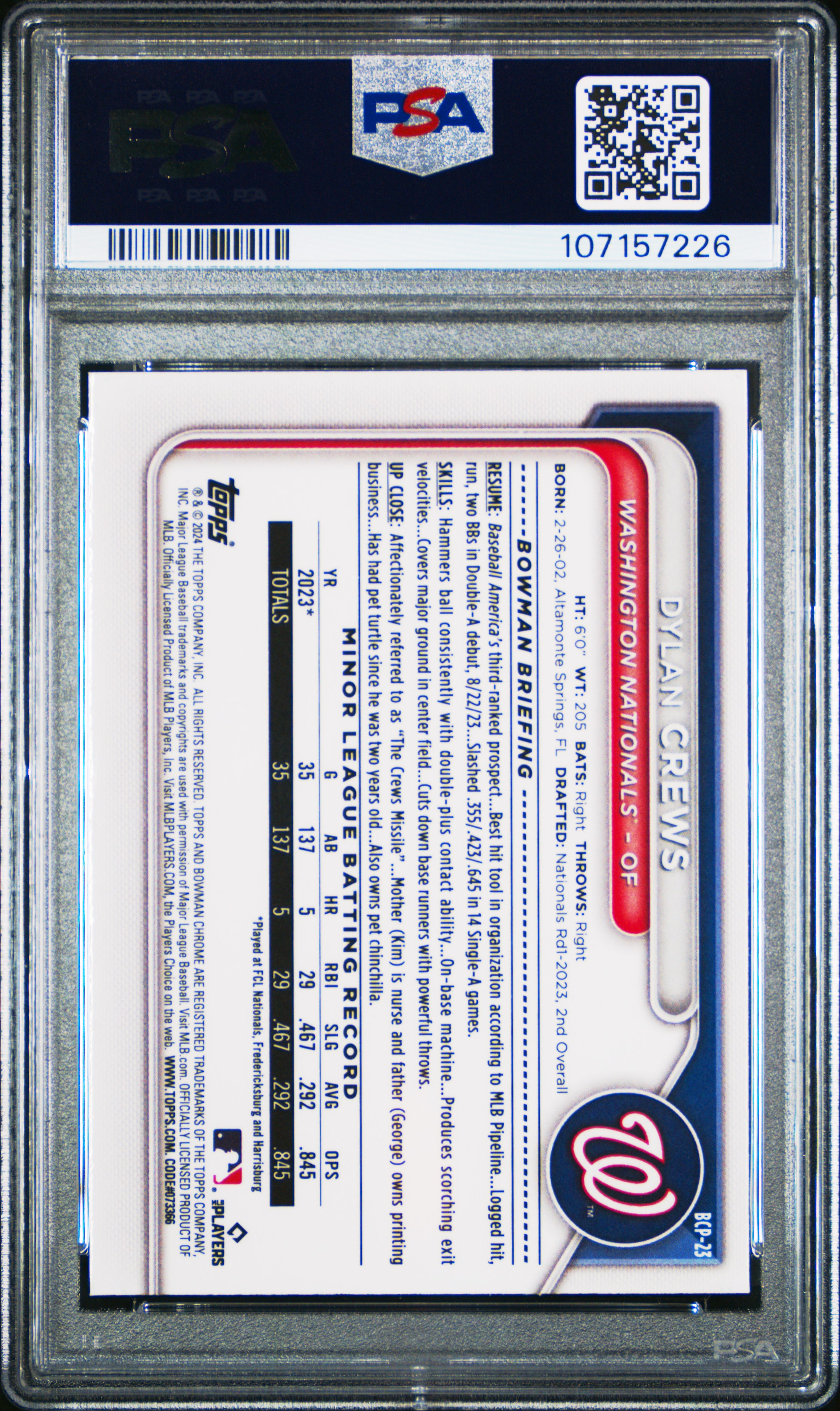 2024 Bowman Mega Box Chrome Prospects Dylan Crews #23 Mint 9 back