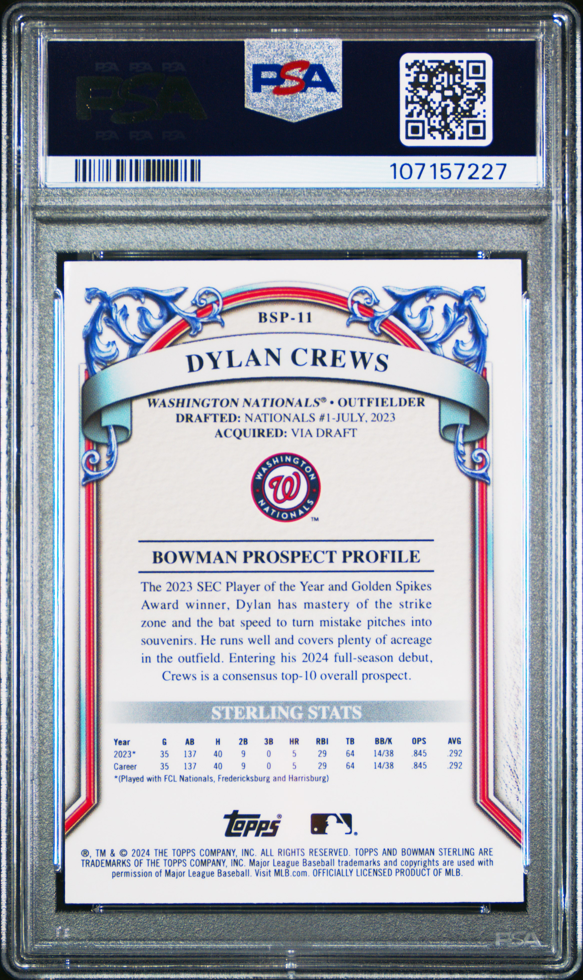 2024 Bowman Sterling Prospects Dylan Crews #Bsp11 (Prospects) Nm-Mt 8 back