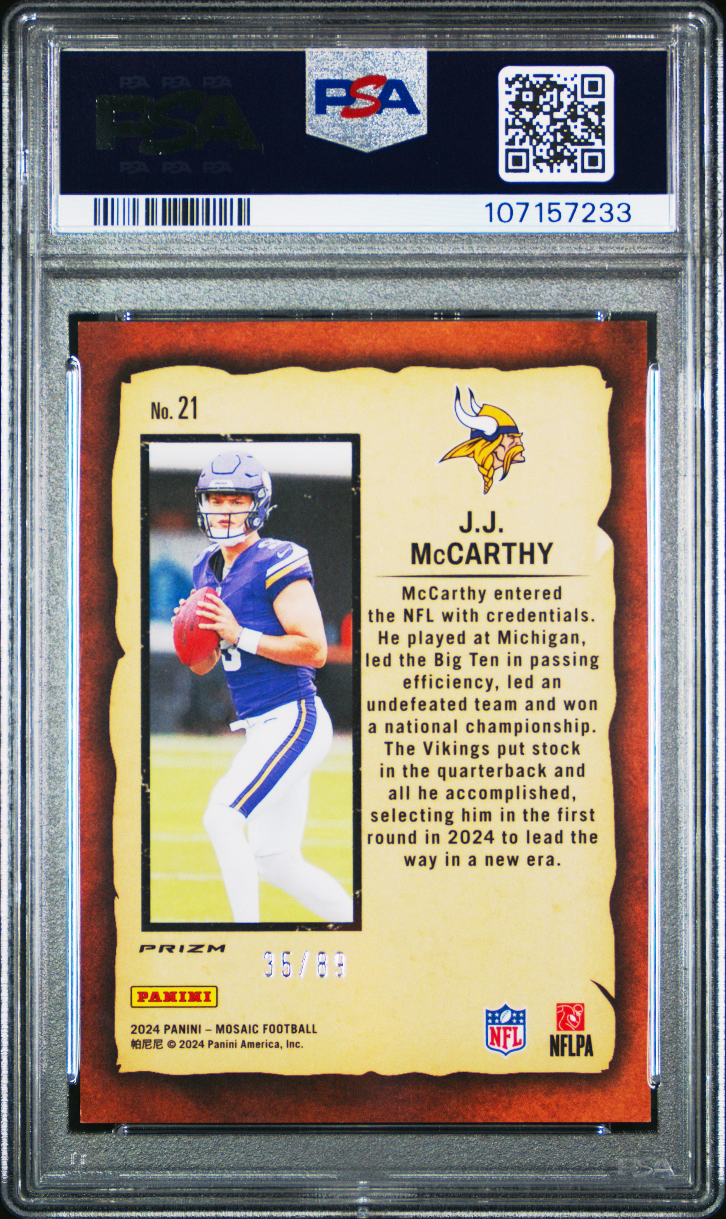 2024 Panini Mosaic Notoriety Jj Mccarthy #21 (Notoriety-Reactive Yellow) Mint 9 back