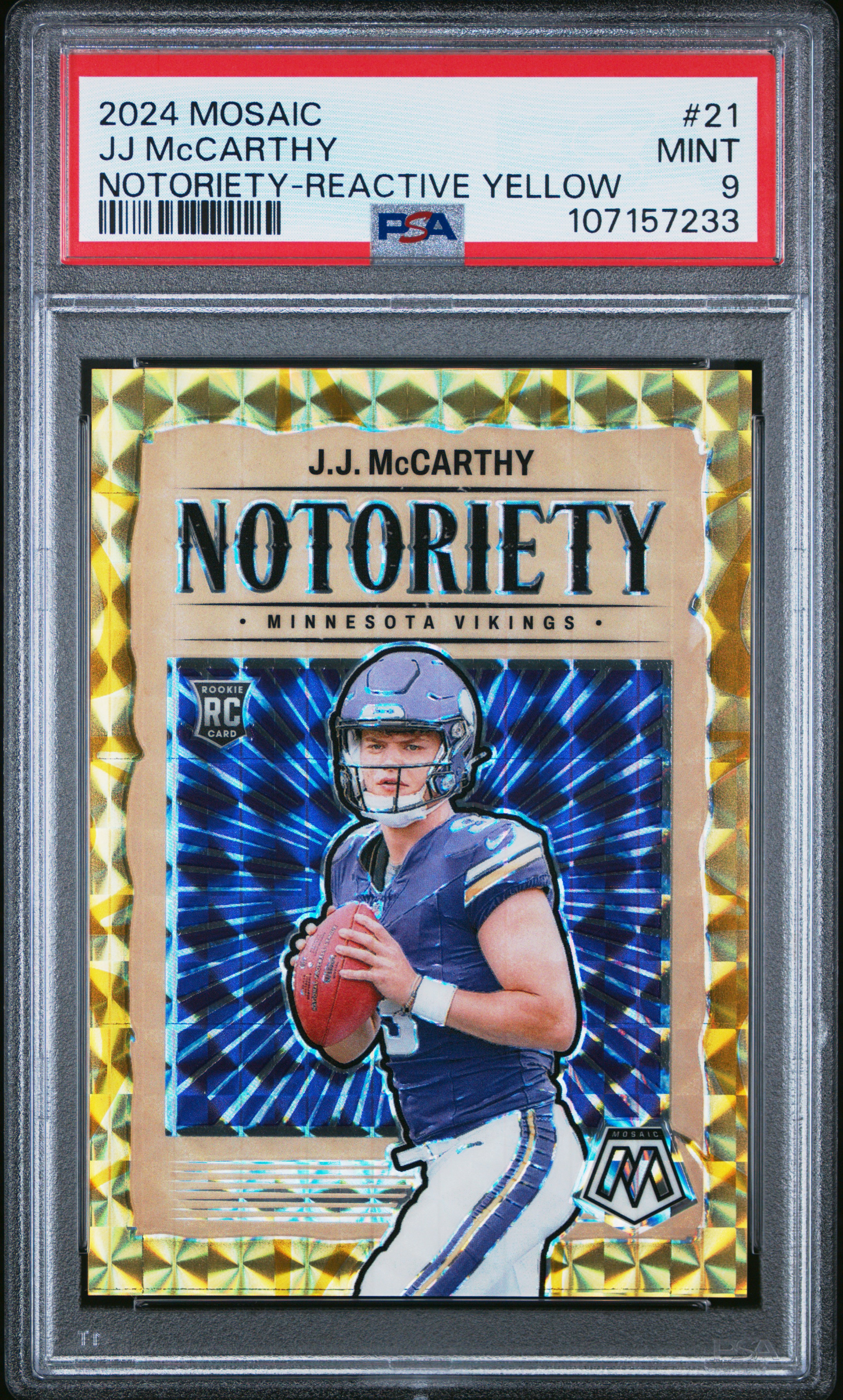 2024 Panini Mosaic Notoriety Jj Mccarthy #21 (Notoriety-Reactive Yellow) Mint 9 front