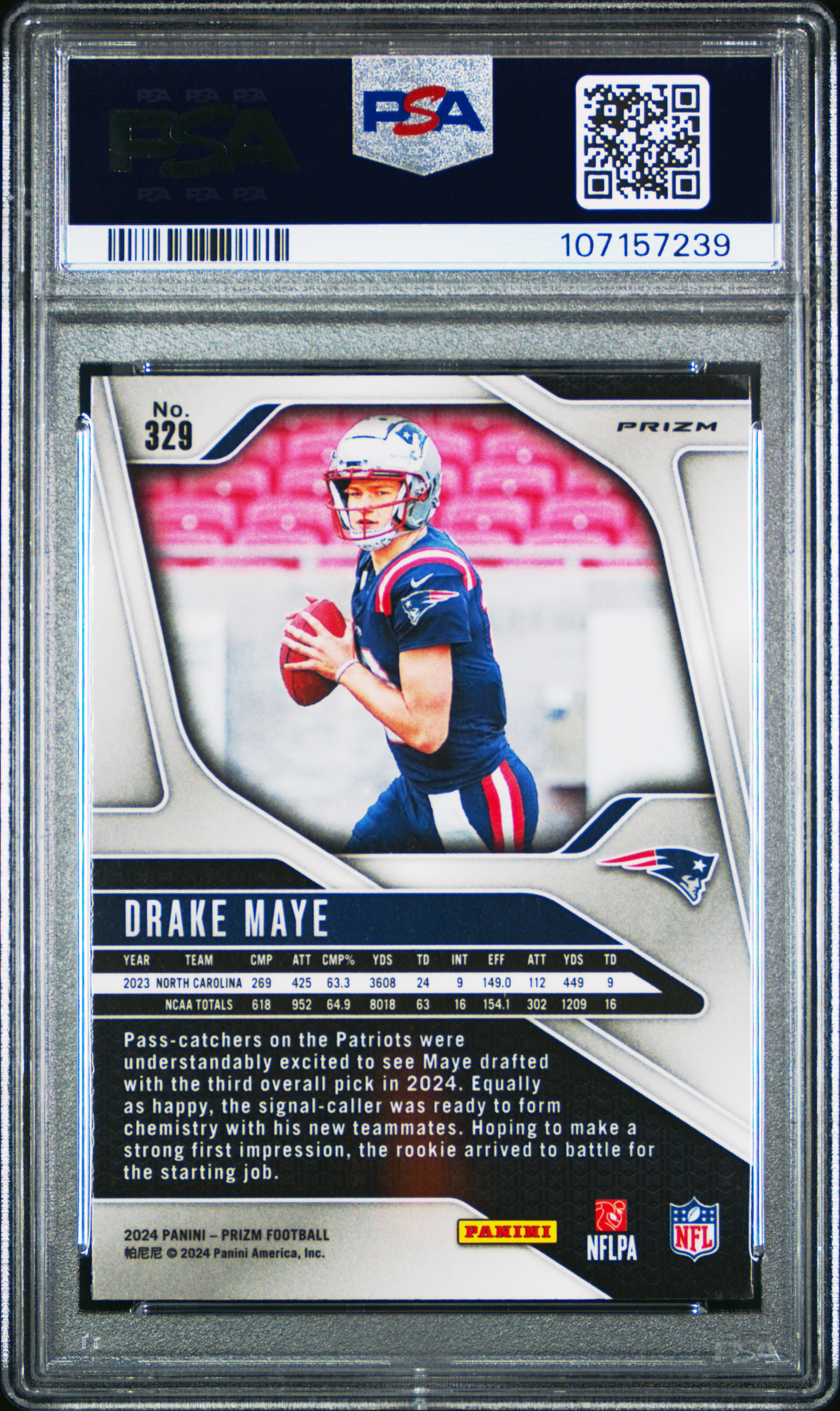 2024 Panini Prizm Drake Maye #329 (Neon Green Pulsar) Mint 9 back