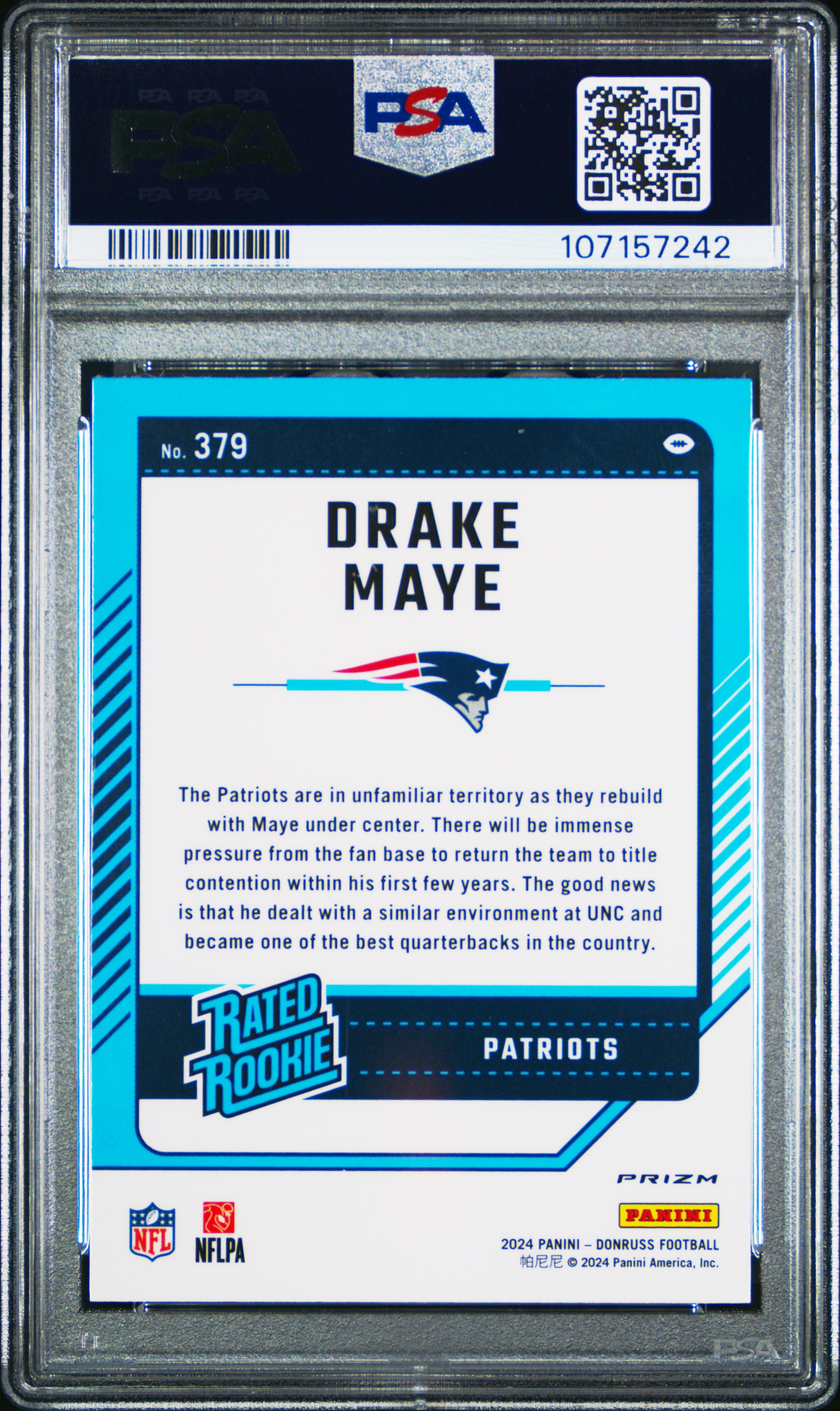 2024 Panini Donruss Drake Maye #379 (Optic Preview) Gem Mt 10 back