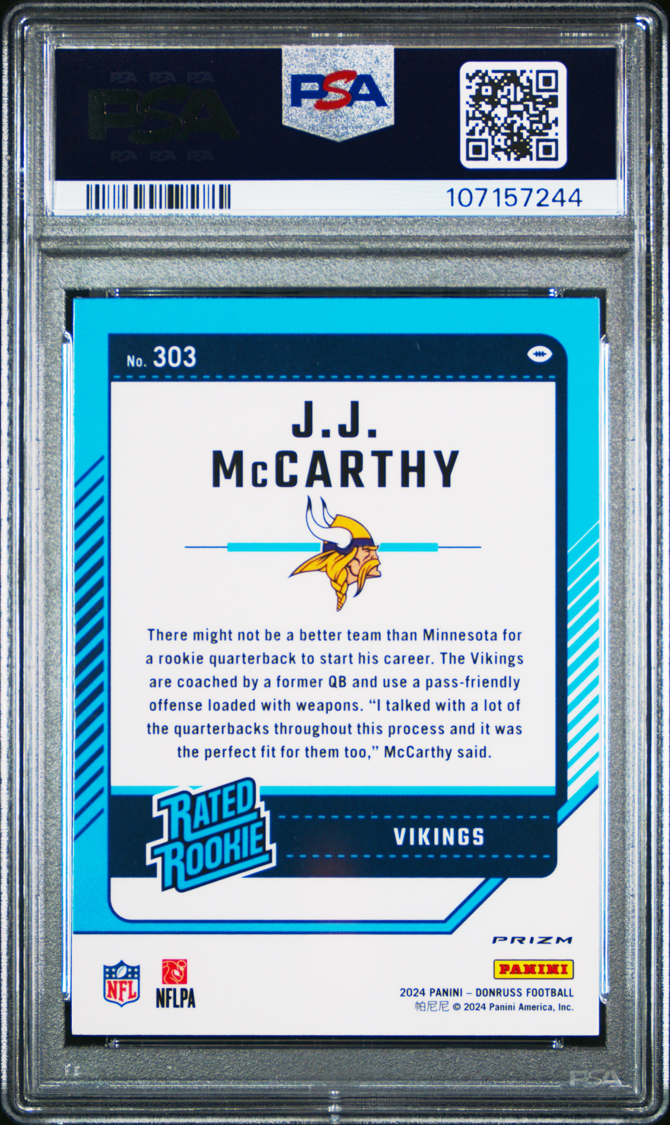 2024 Panini Donruss Jj Mccarthy #303 (Optic Preview) Gem Mt 10 back