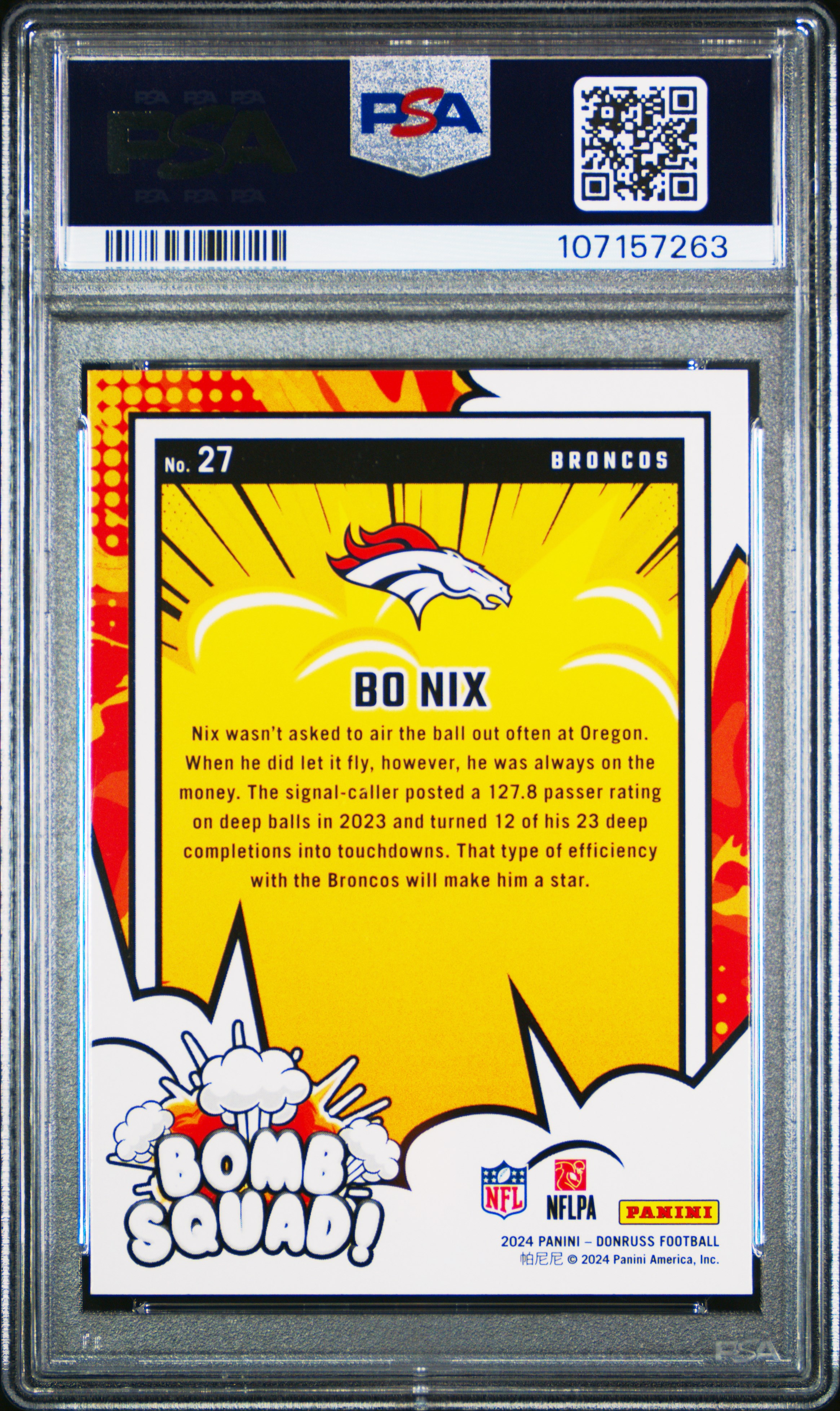 2024 Panini Donruss Bomb Squad Bo Nix #27 Gem Mt 10 back