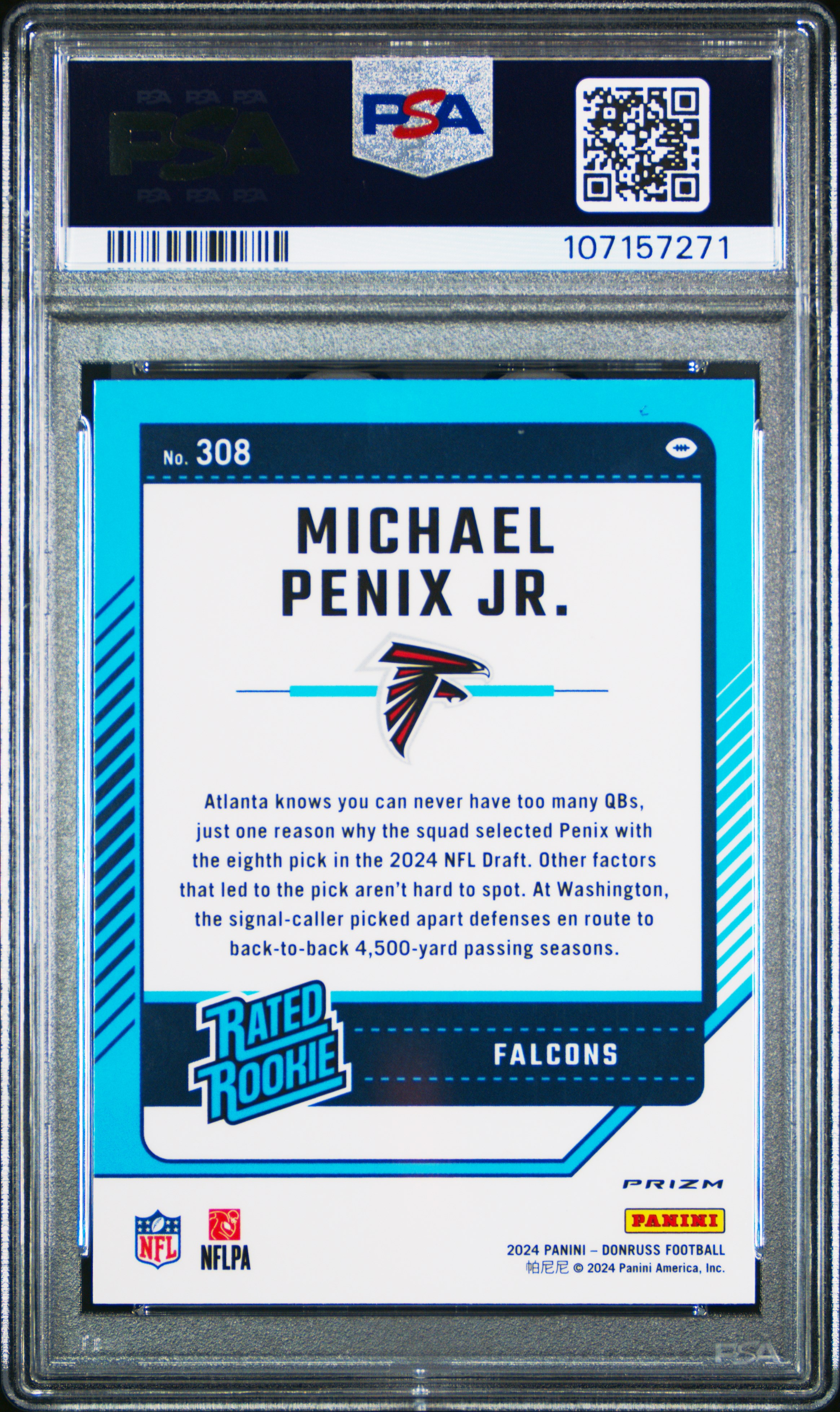 2024 Panini Donruss Michael Penix Jr. #308 (Optic Preview-Red & Green) Gem Mt 10 back