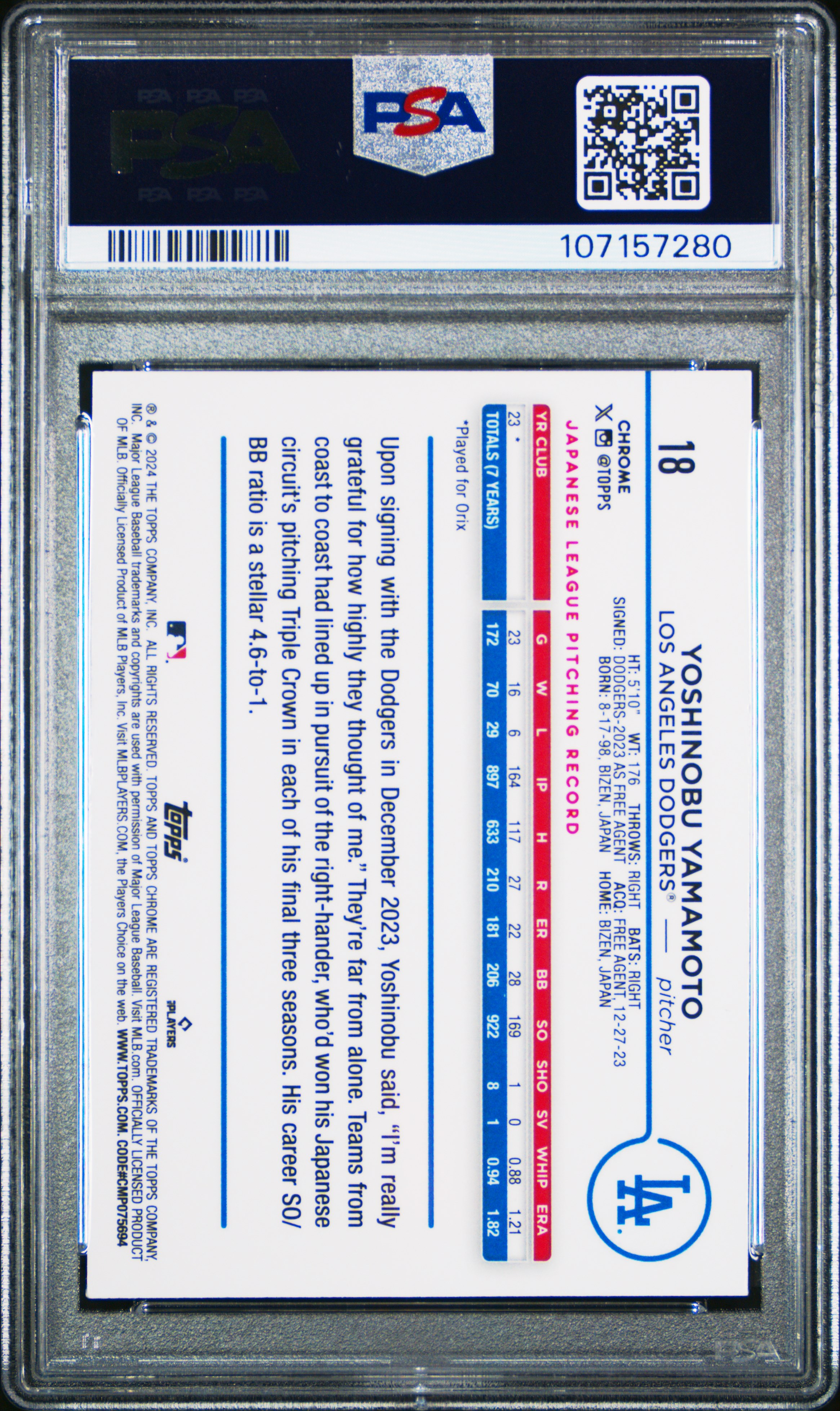 2024 Topps Chrome Yoshinobu Yamamoto #18 (Pink Refractor) Nm-Mt 8 front