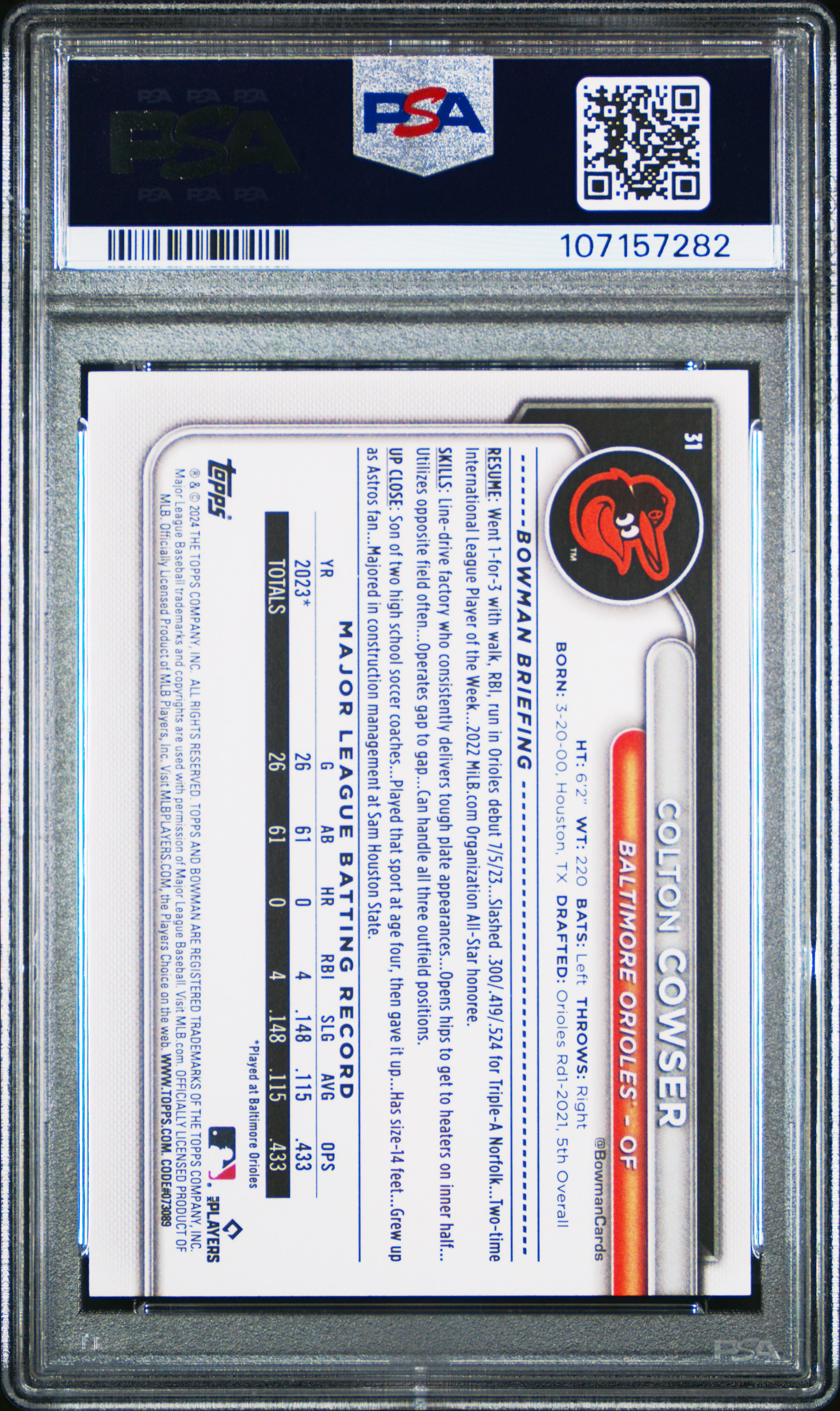 2024 Bowman Colton Cowser #31 (Purple Pattern) Gem Mt 10 front