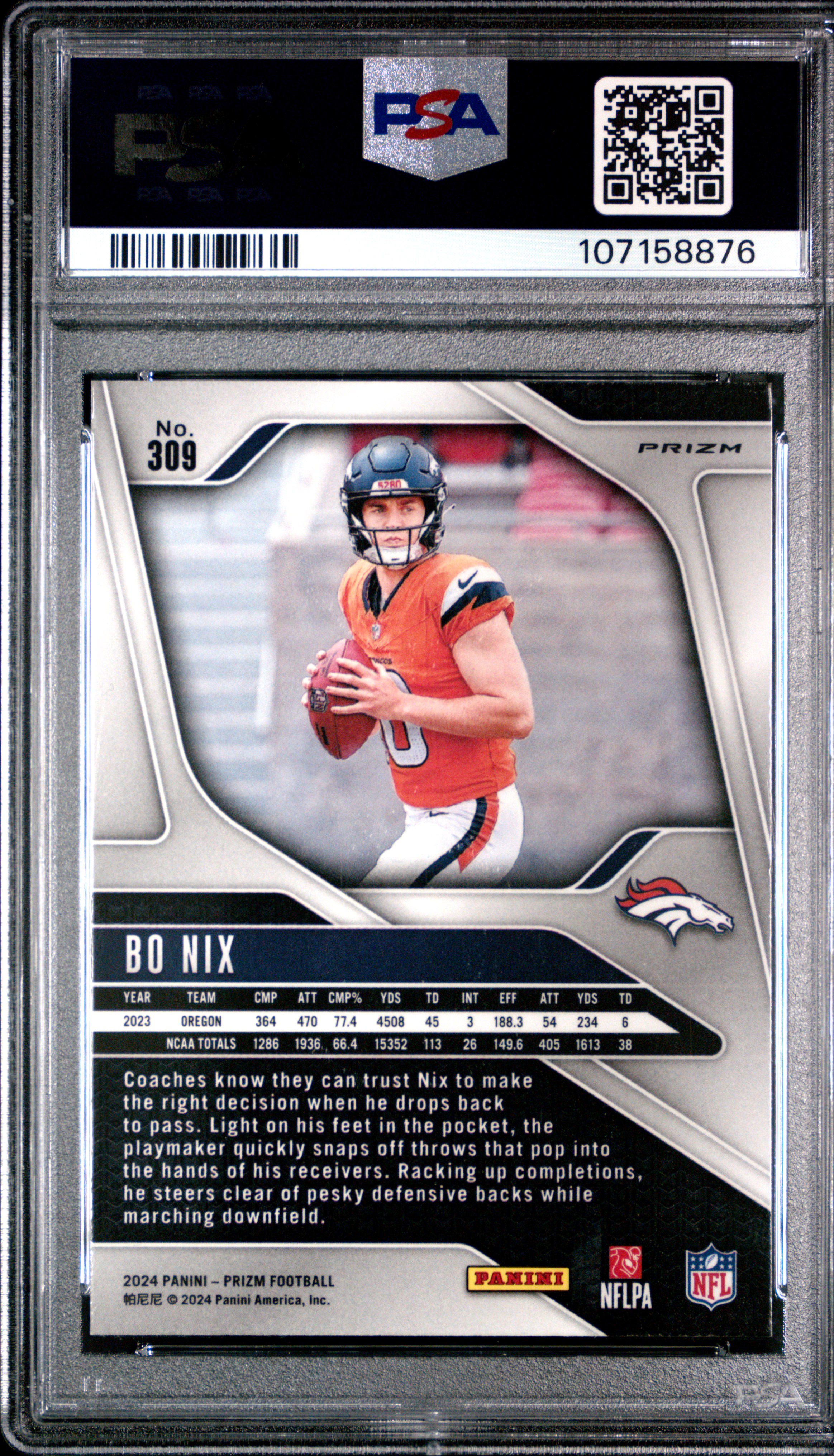 2024 Panini Prizm Bo Nix #309 (Silver Prizm) Gem Mt 10 front