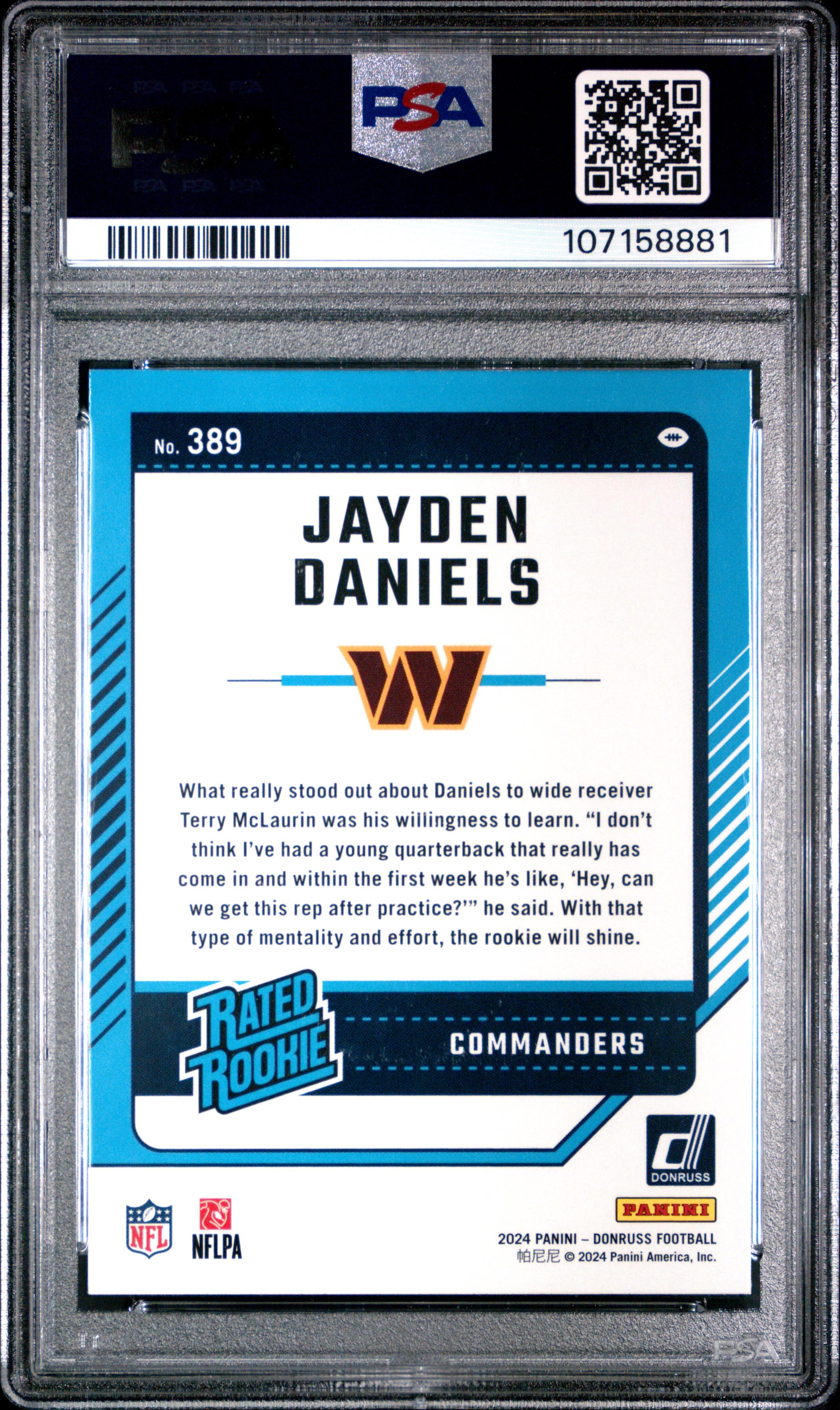 2024 Panini Donruss Jayden Daniels #389 Gem Mt 10 back