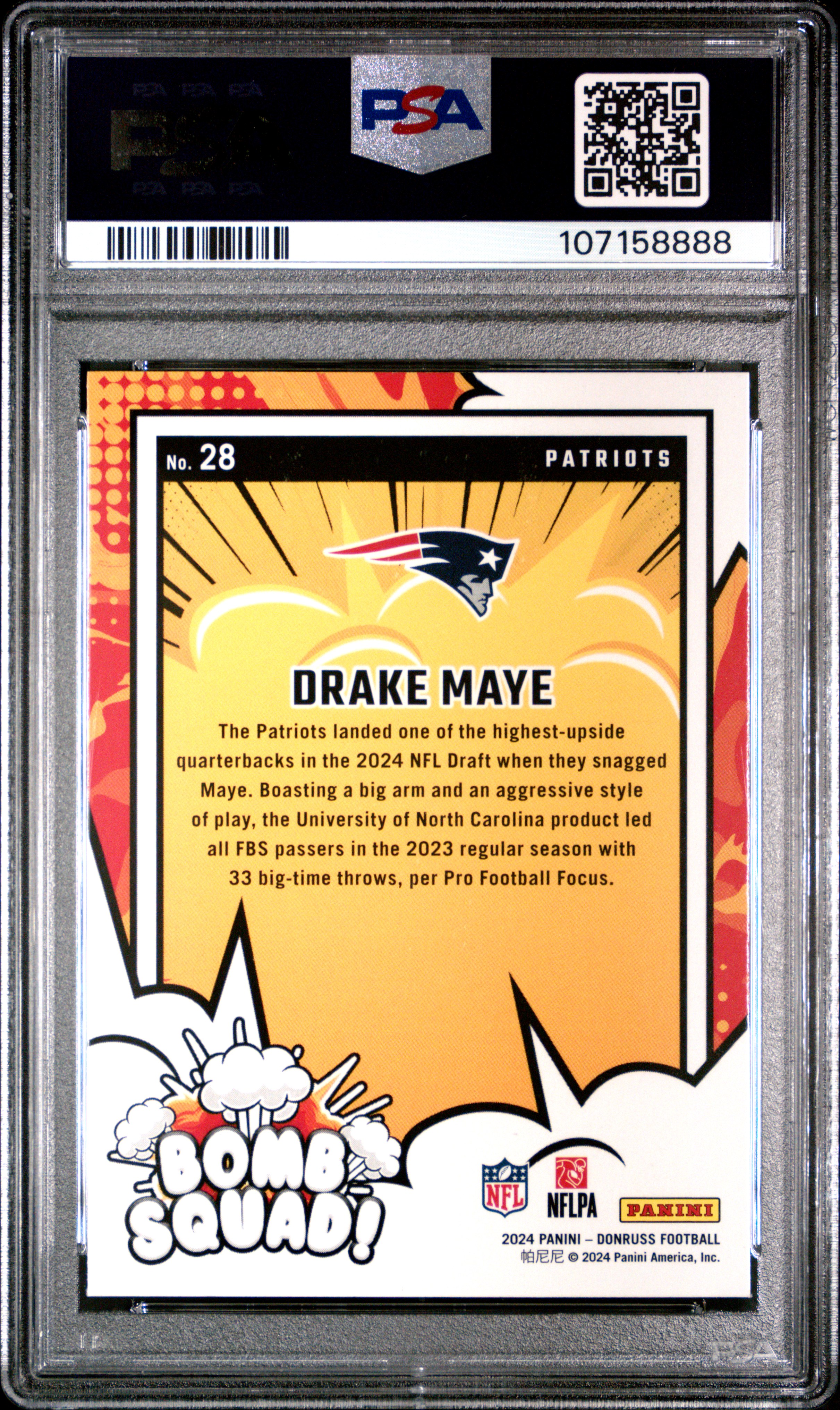 2024 Panini Donruss Bomb Squad Drake Maye #28 Gem Mt 10 back