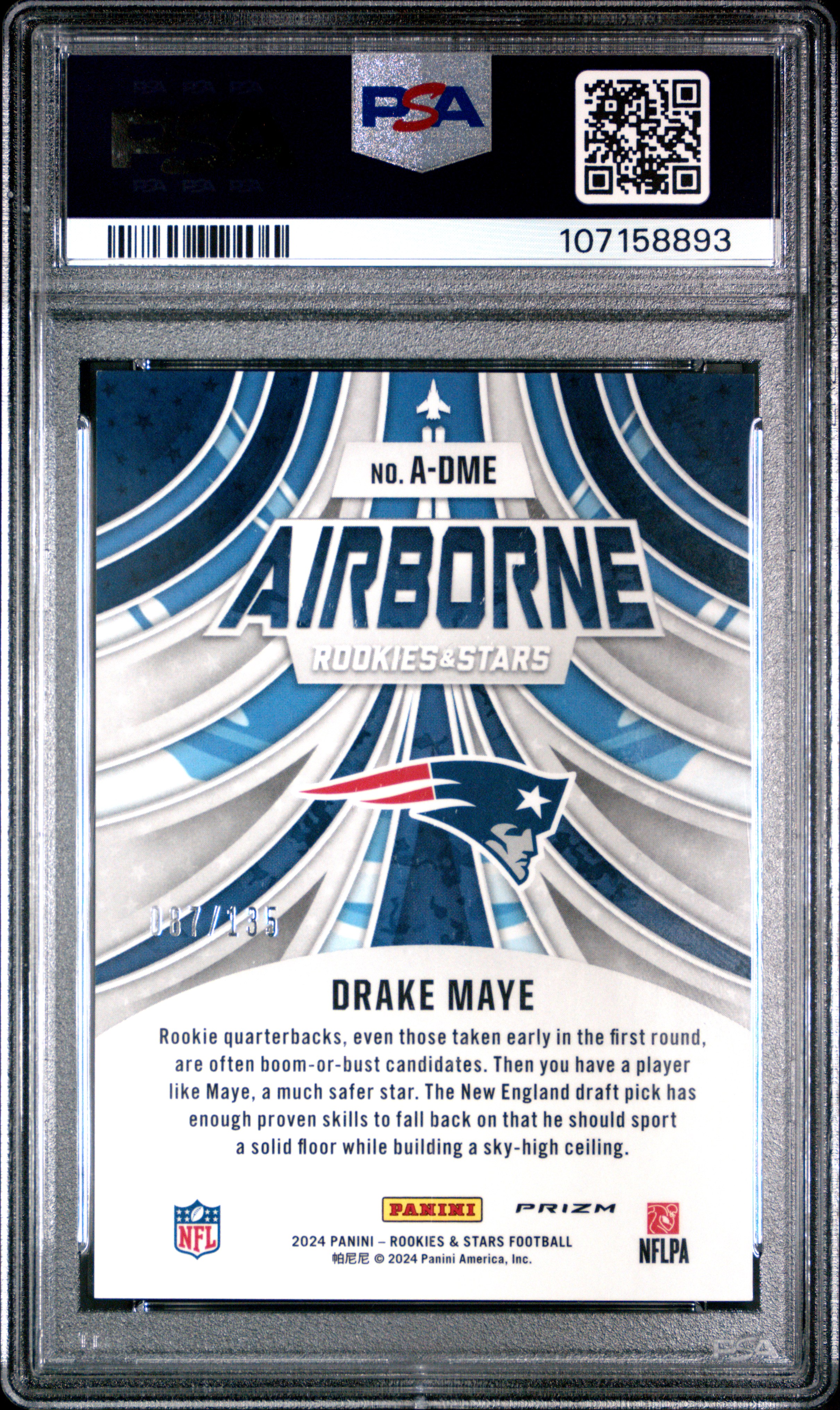 2024 Panini Rookies & Stars Airborne Drake Maye #Adme (Airborne-Pandora) Mint 9 back