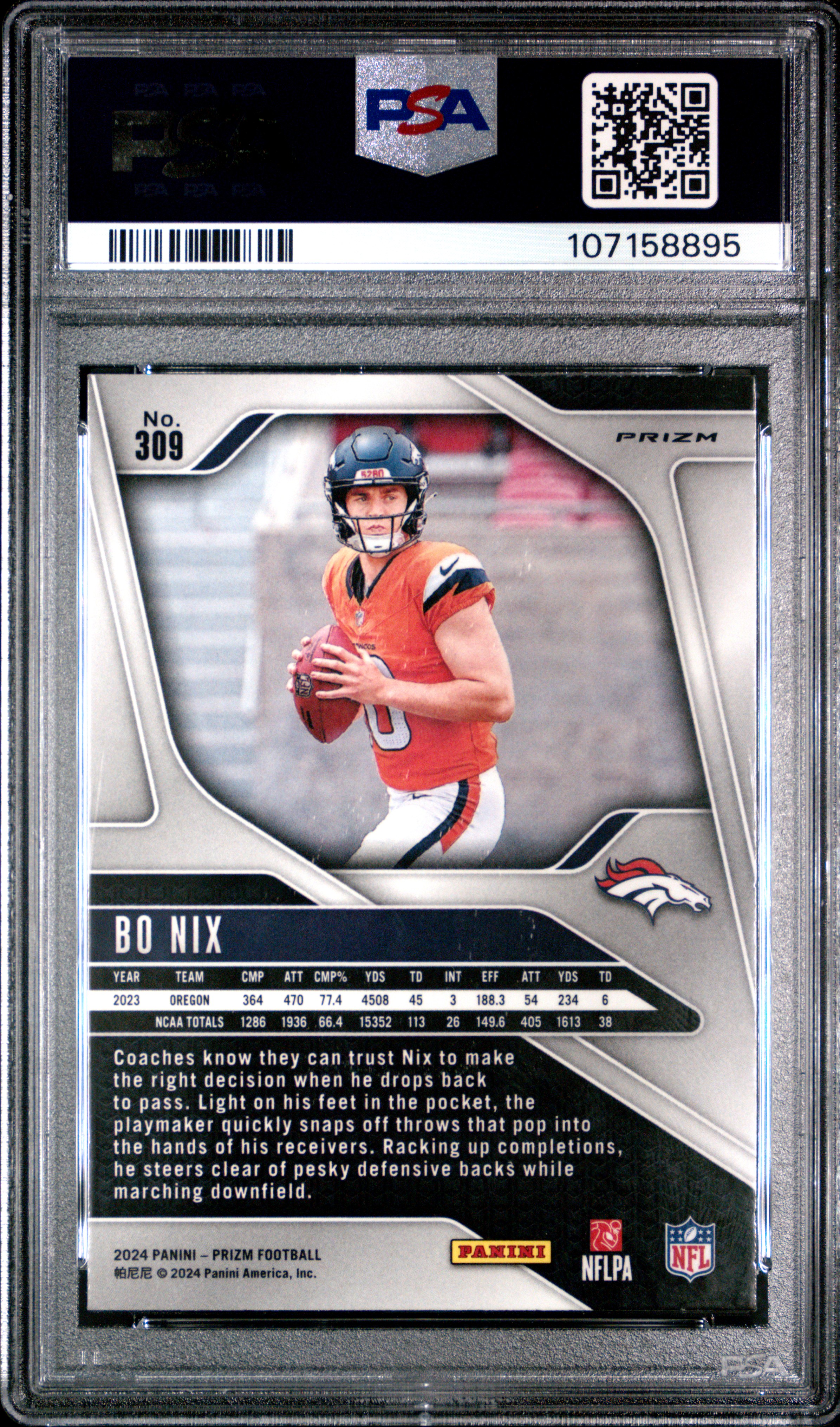 2024 Panini Prizm Bo Nix #309 (Lazer Prizm) Mint 9 back