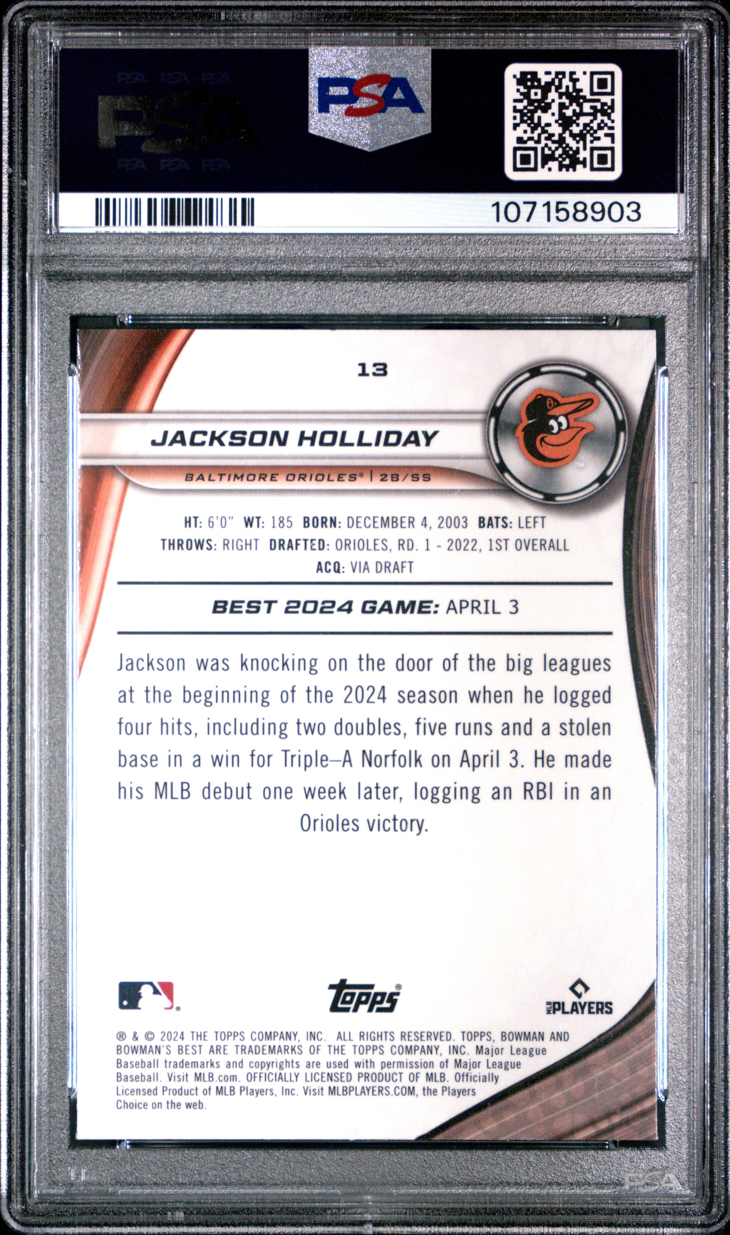 2024 Bowman's Best Jackson Holliday #13 (Purple Mojo) Gem Mt 10 back