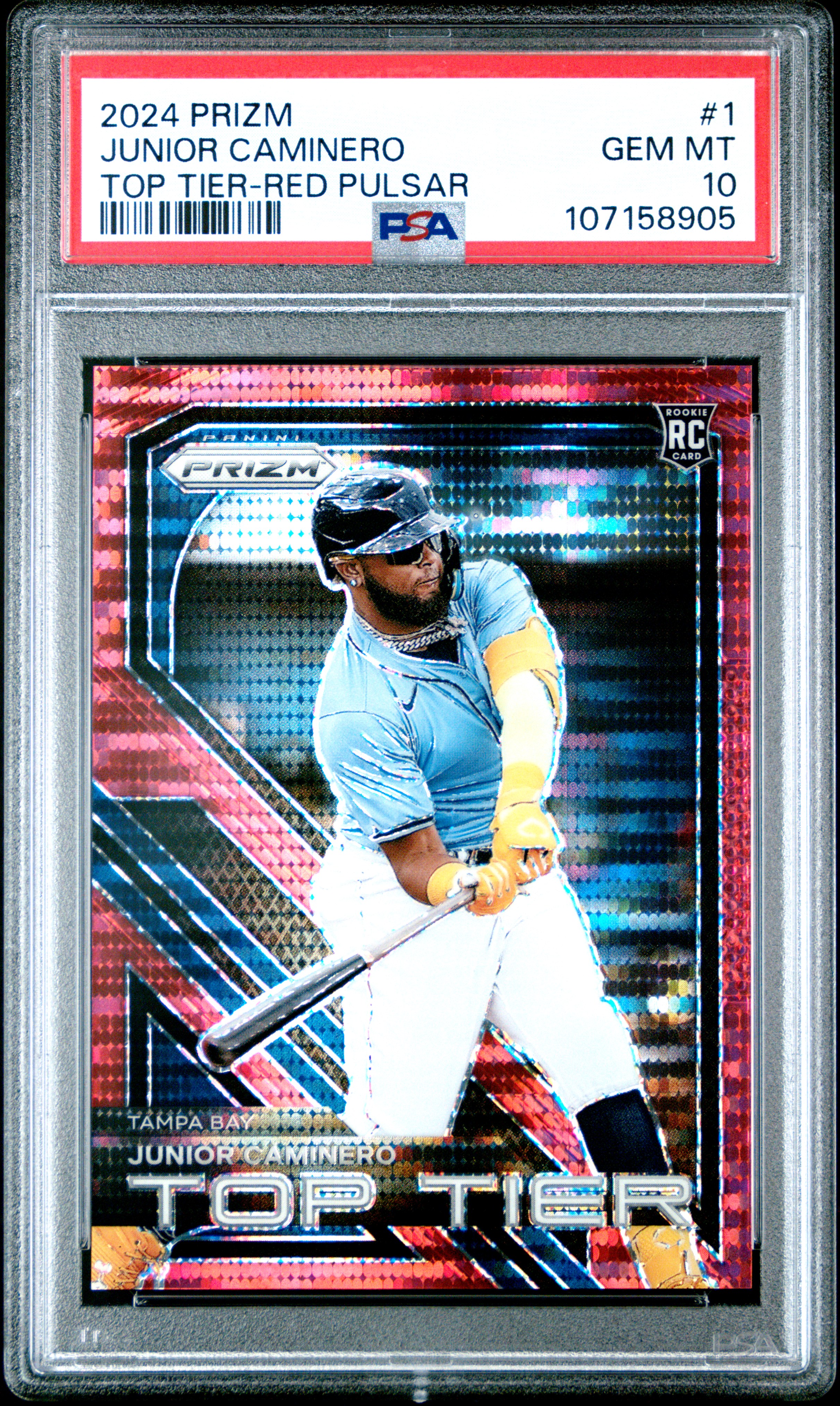 2024 Panini Prizm Top Tier Junior Caminero #1 (Top Tier-Red Pulsar) Gem Mt 10 front