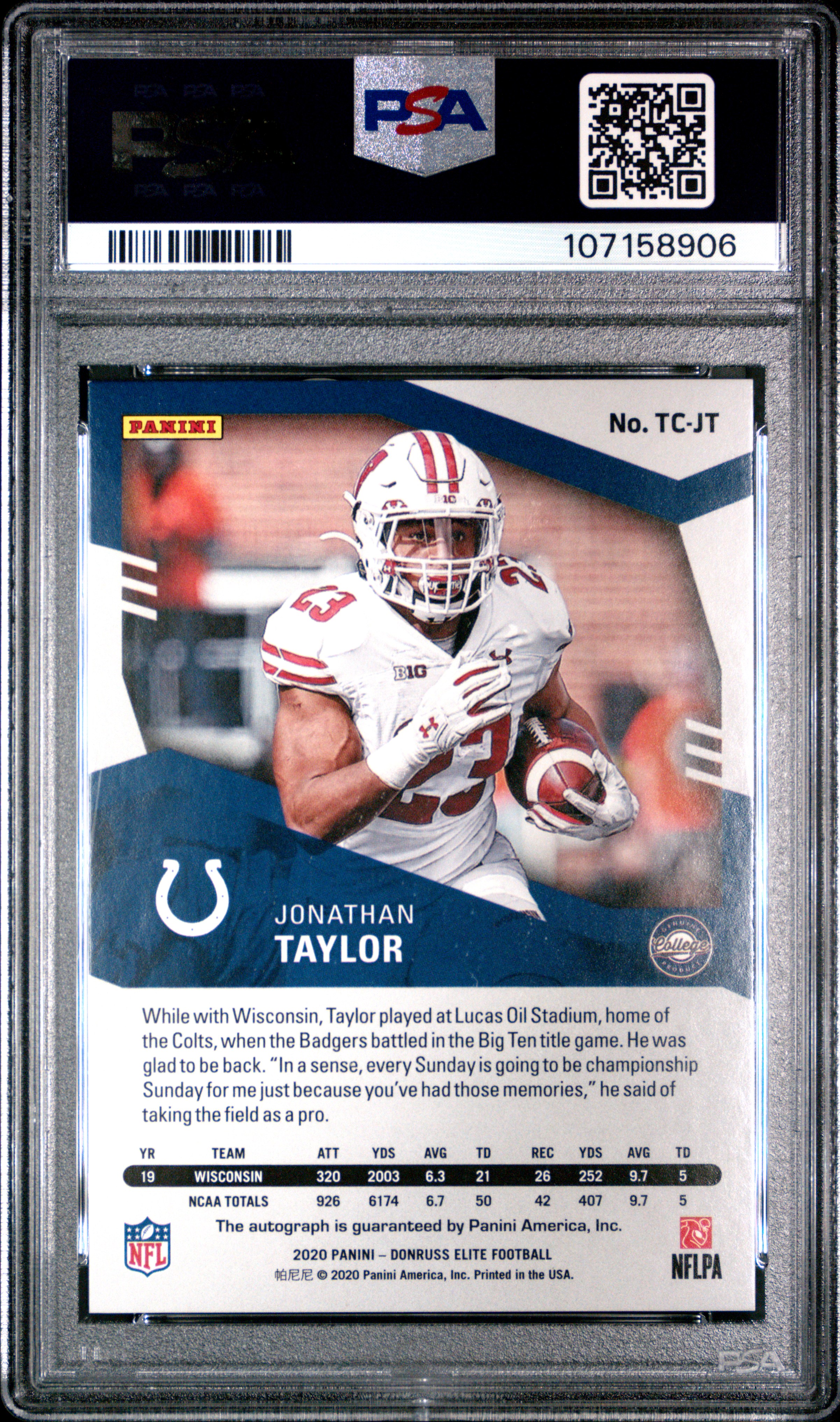 2020 Panini Donruss Elite Turn Of The Century Autographs Jonathan Taylor #Tcjt (Turn Of The Century Auto.) Mint 9 back