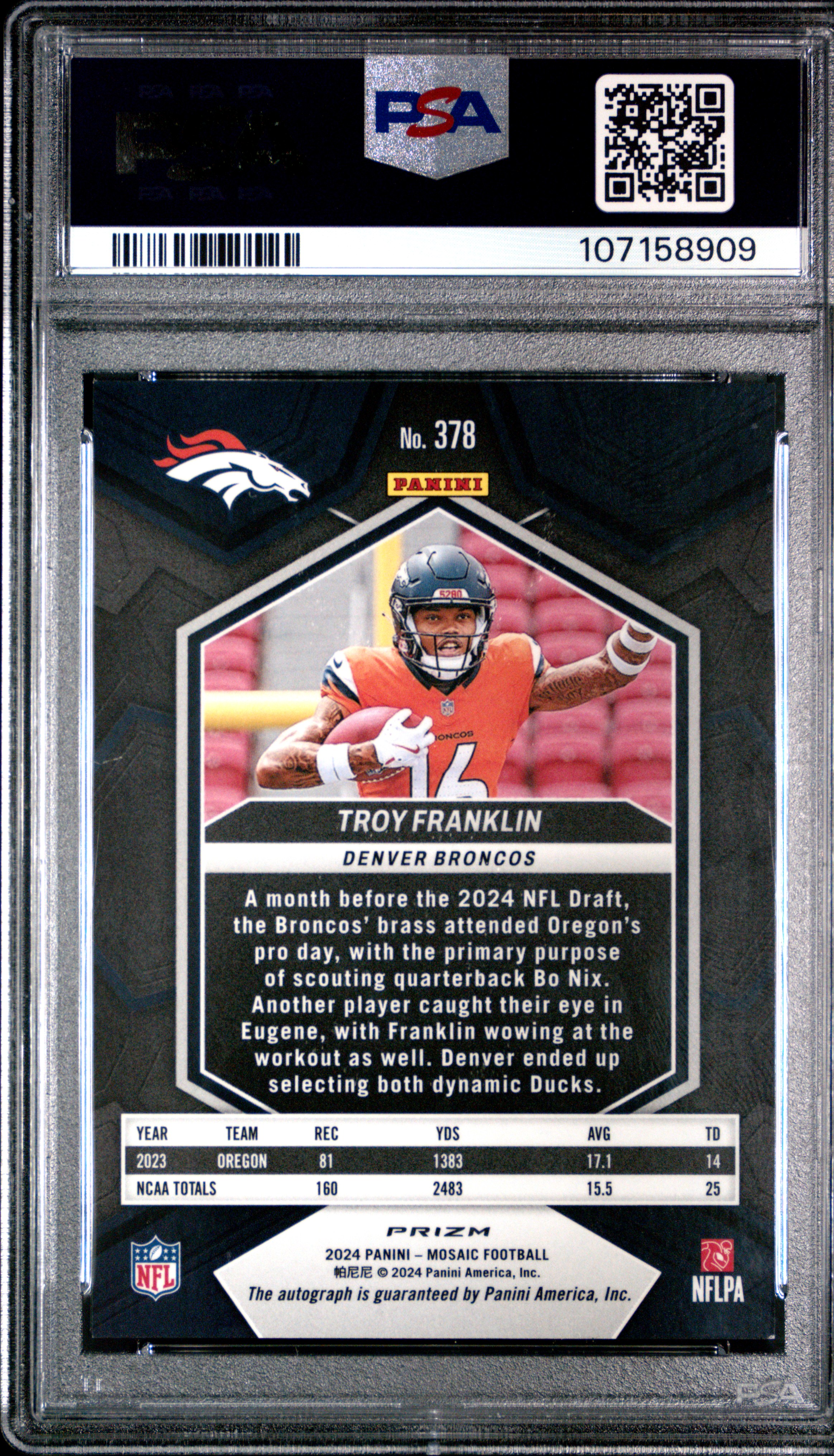 2024 Panini Mosaic Troy Franklin #378 (Autograph) Nm-Mt 8 back