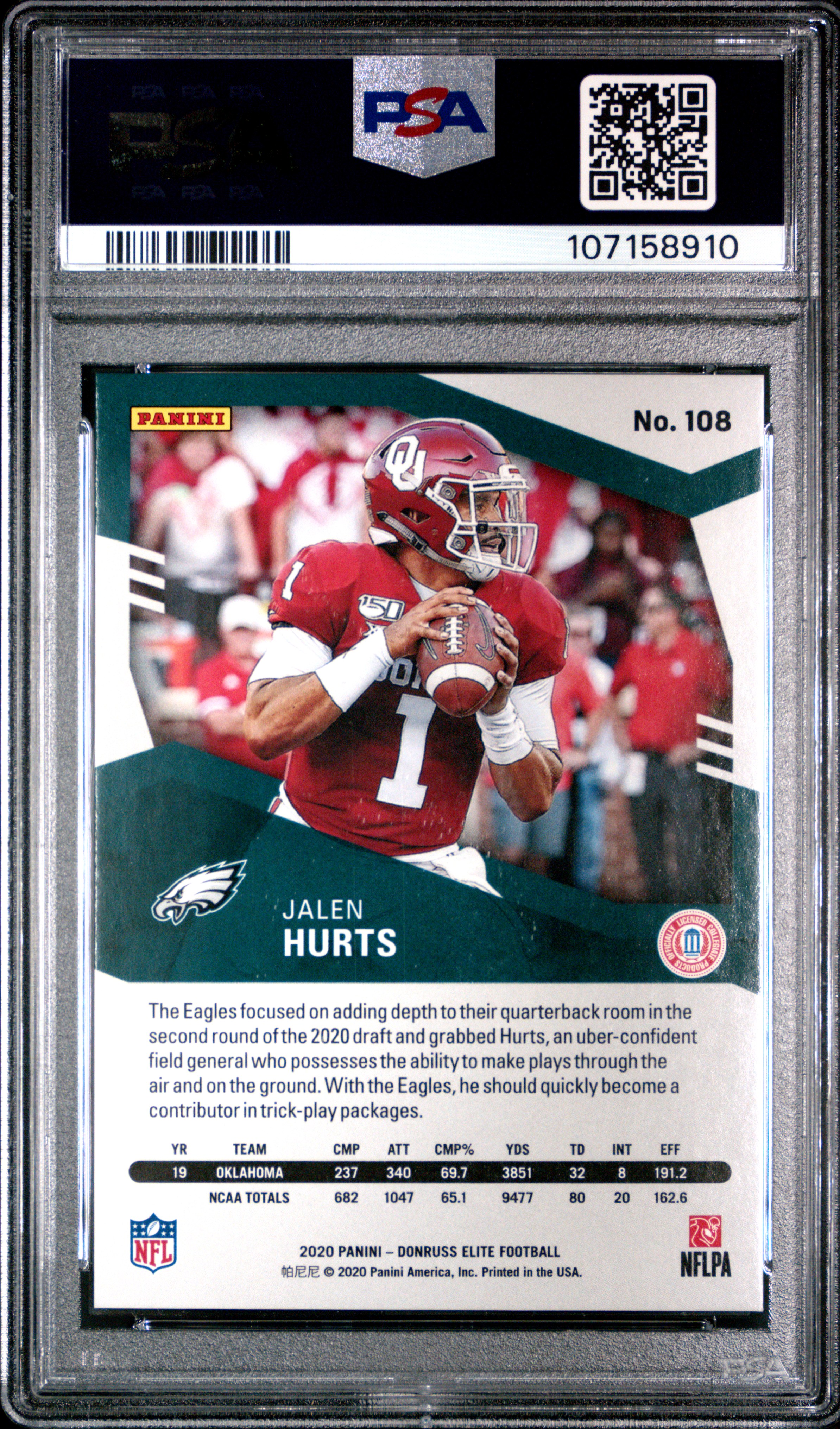 2020 Panini Donruss Elite Jalen Hurts #108 (Purple) Gem Mt 10 back