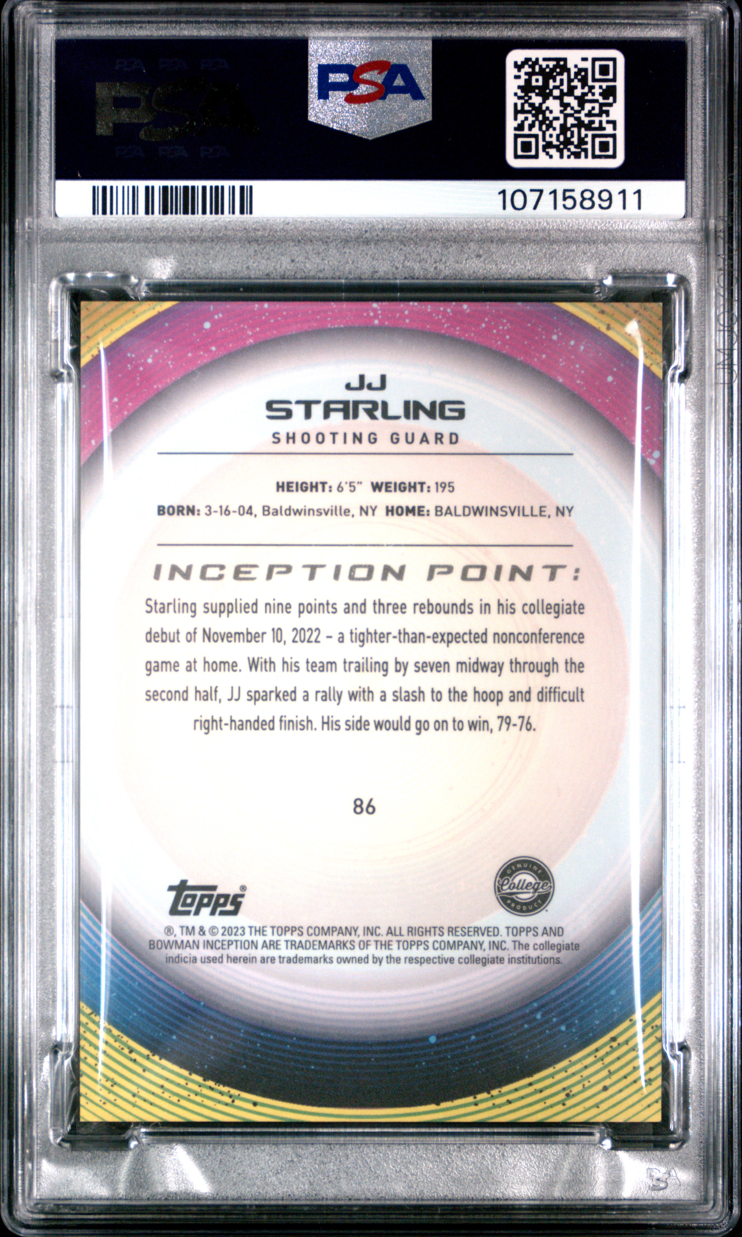 2022 Bowman University Inception Jj Starling #86 (Gold V2 Foil) Gem Mt 10 back