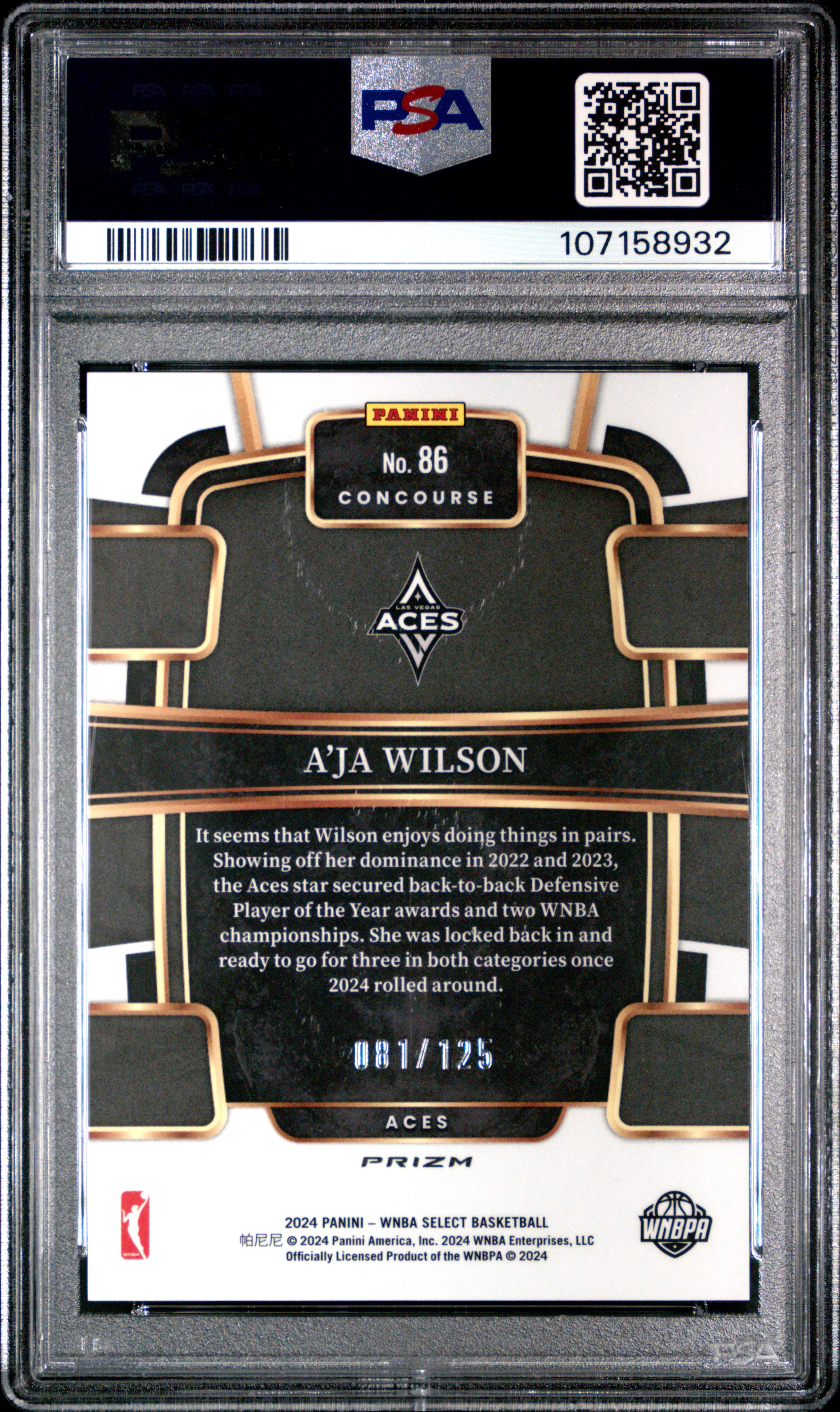 2024 Panini Select Wnba A'ja Wilson #86 (Light Blue Disco) Mint 9 back