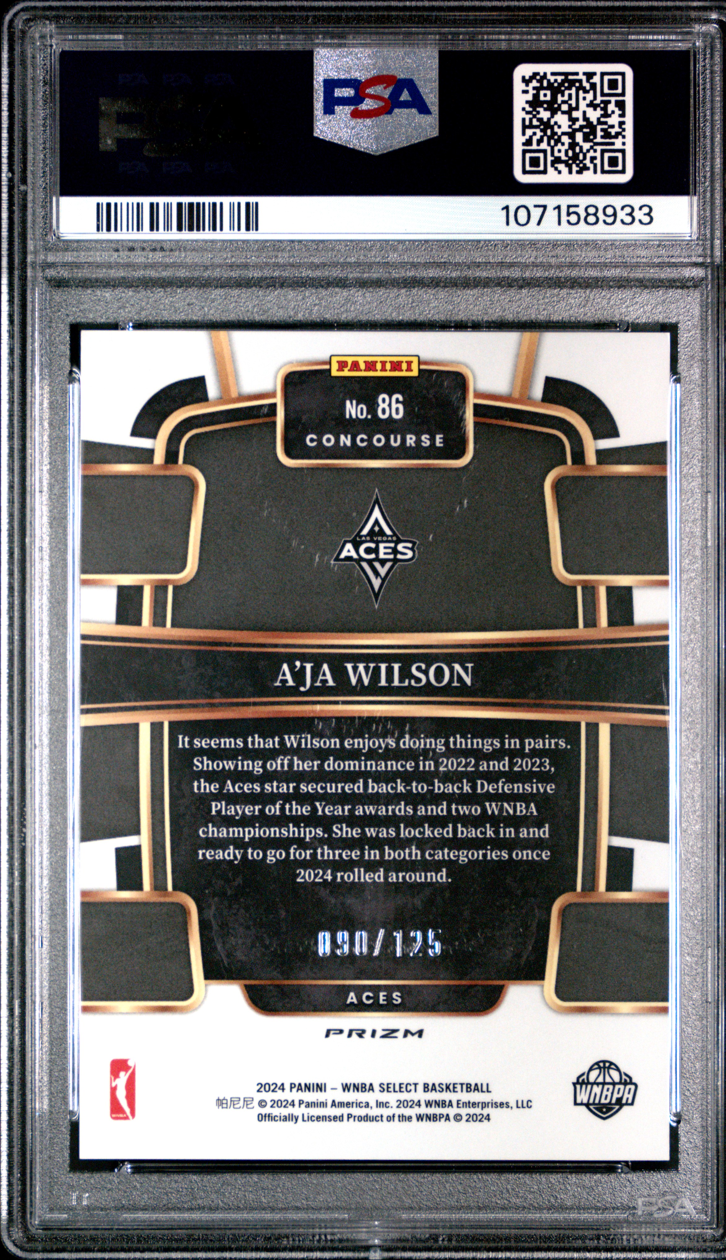 2024 Panini Select Wnba A'ja Wilson #86 (Light Blue Disco) Mint 9 back