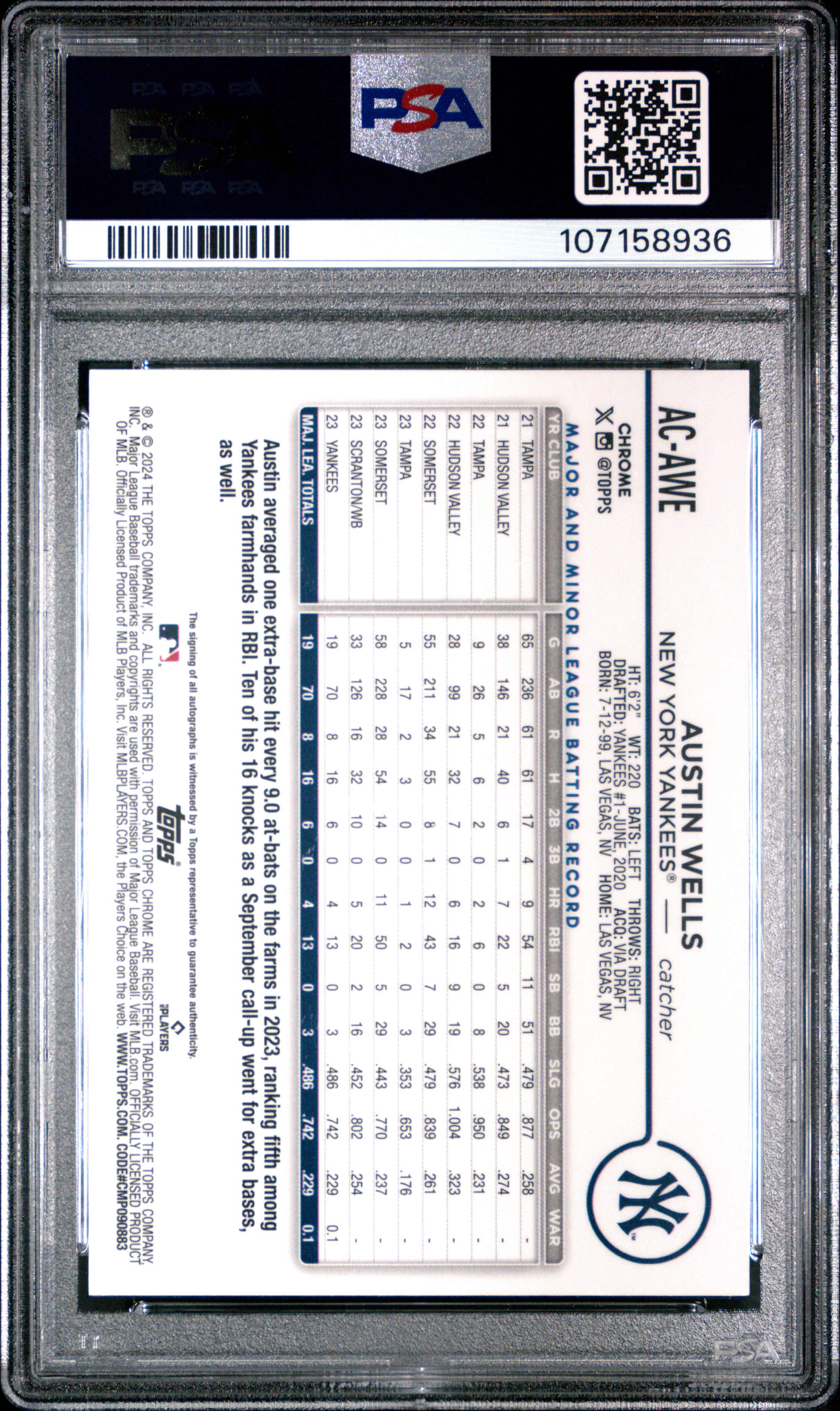 2024 Topps Chrome Update Chrome Baseball Update Series Autographs Austin Wells #Acawe (Autograph-Aqua Wave) Gem Mt 10 back