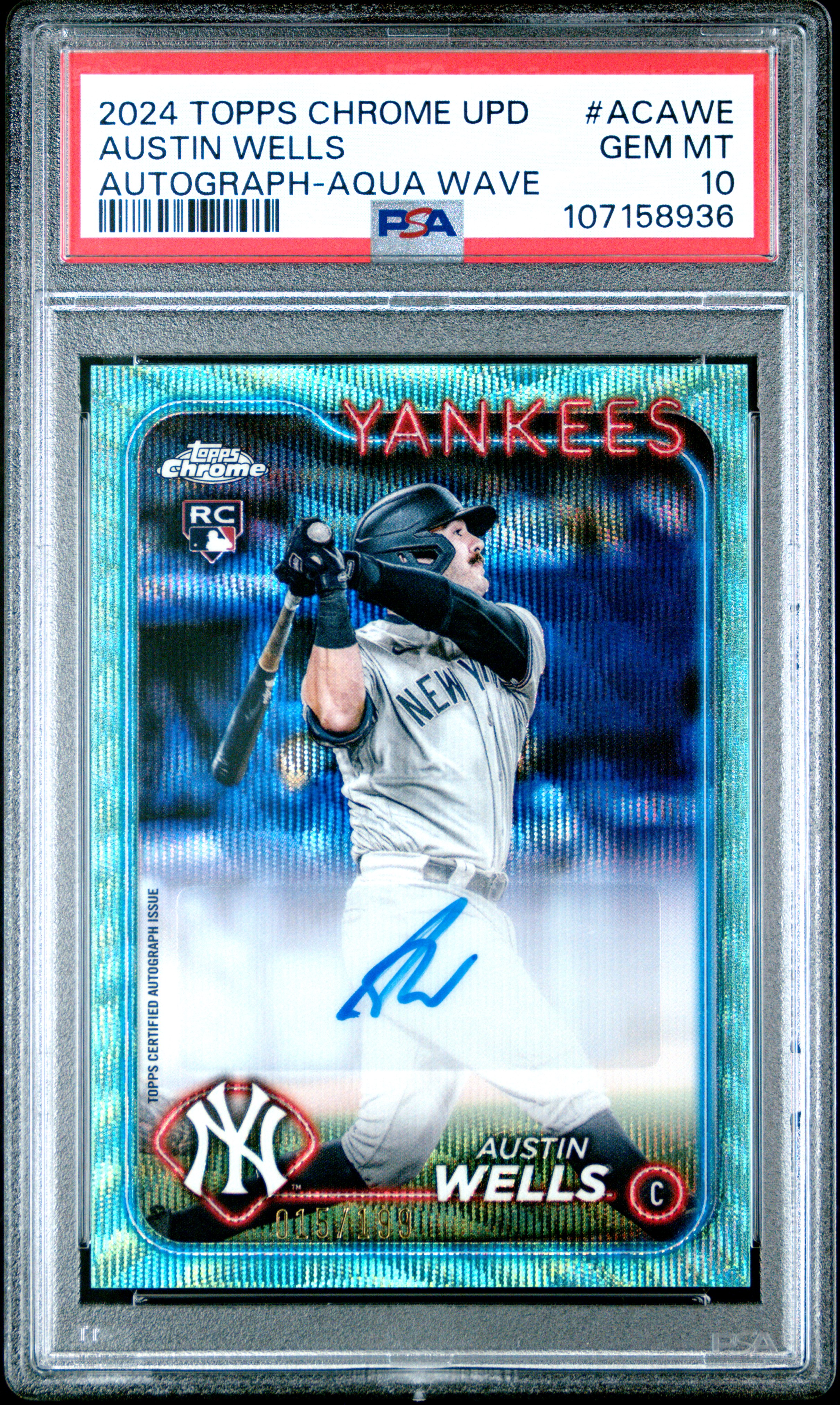 2024 Topps Chrome Update Chrome Baseball Update Series Autographs Austin Wells #Acawe (Autograph-Aqua Wave) Gem Mt 10 front