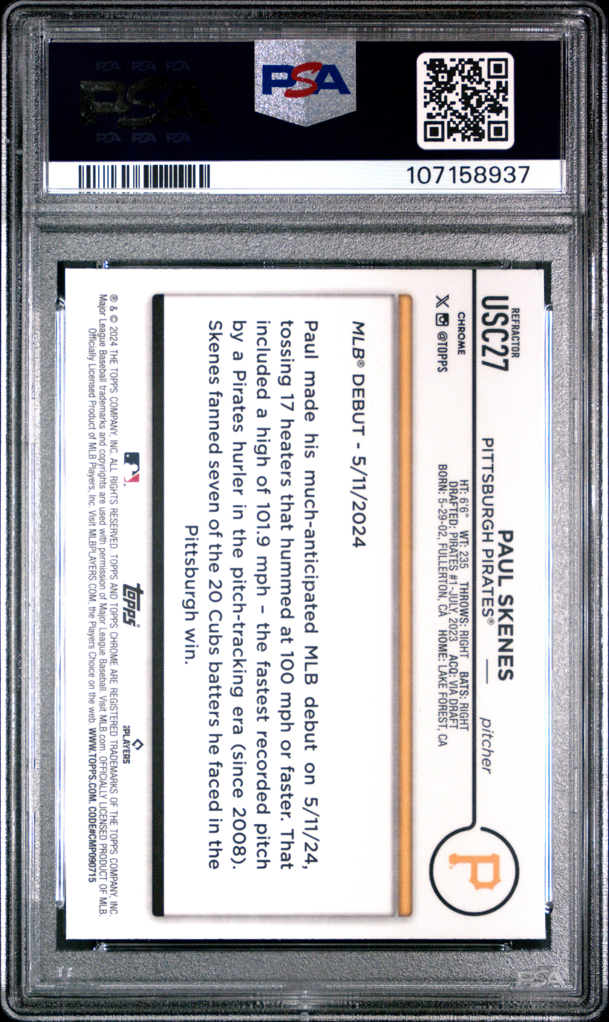 2024 Topps Chrome Update Paul Skenes #Usc27 (Prism Refractor) Gem Mt 10 back