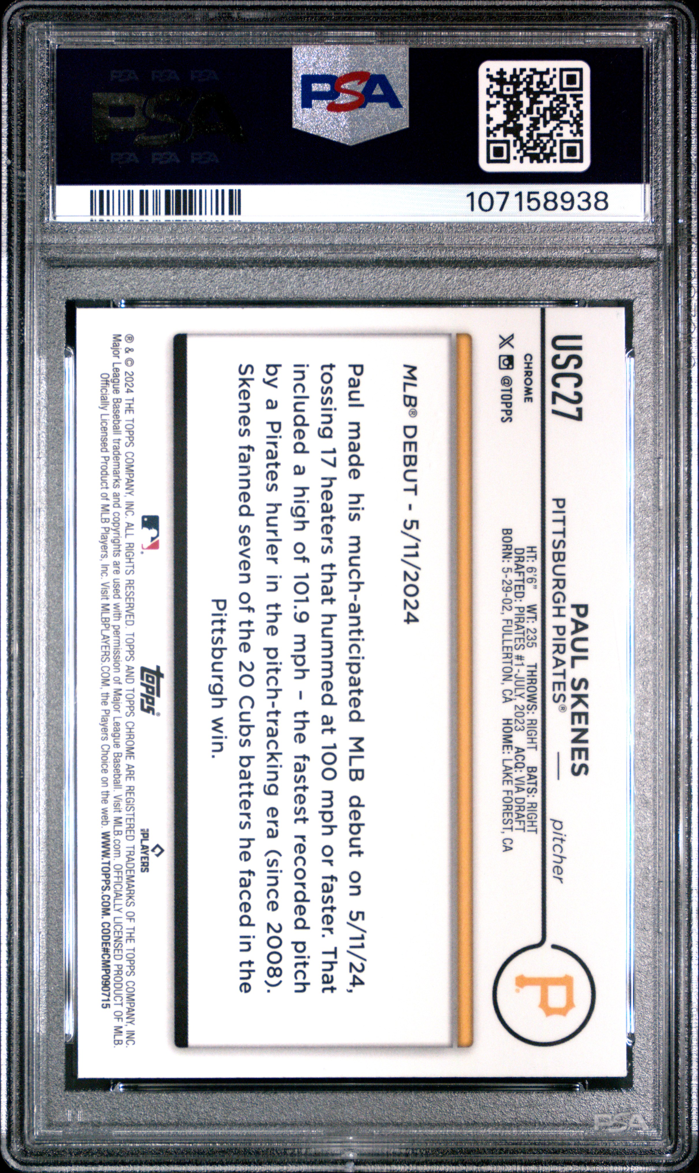 2024 Topps Chrome Update Paul Skenes #Usc27 Gem Mt 10 back