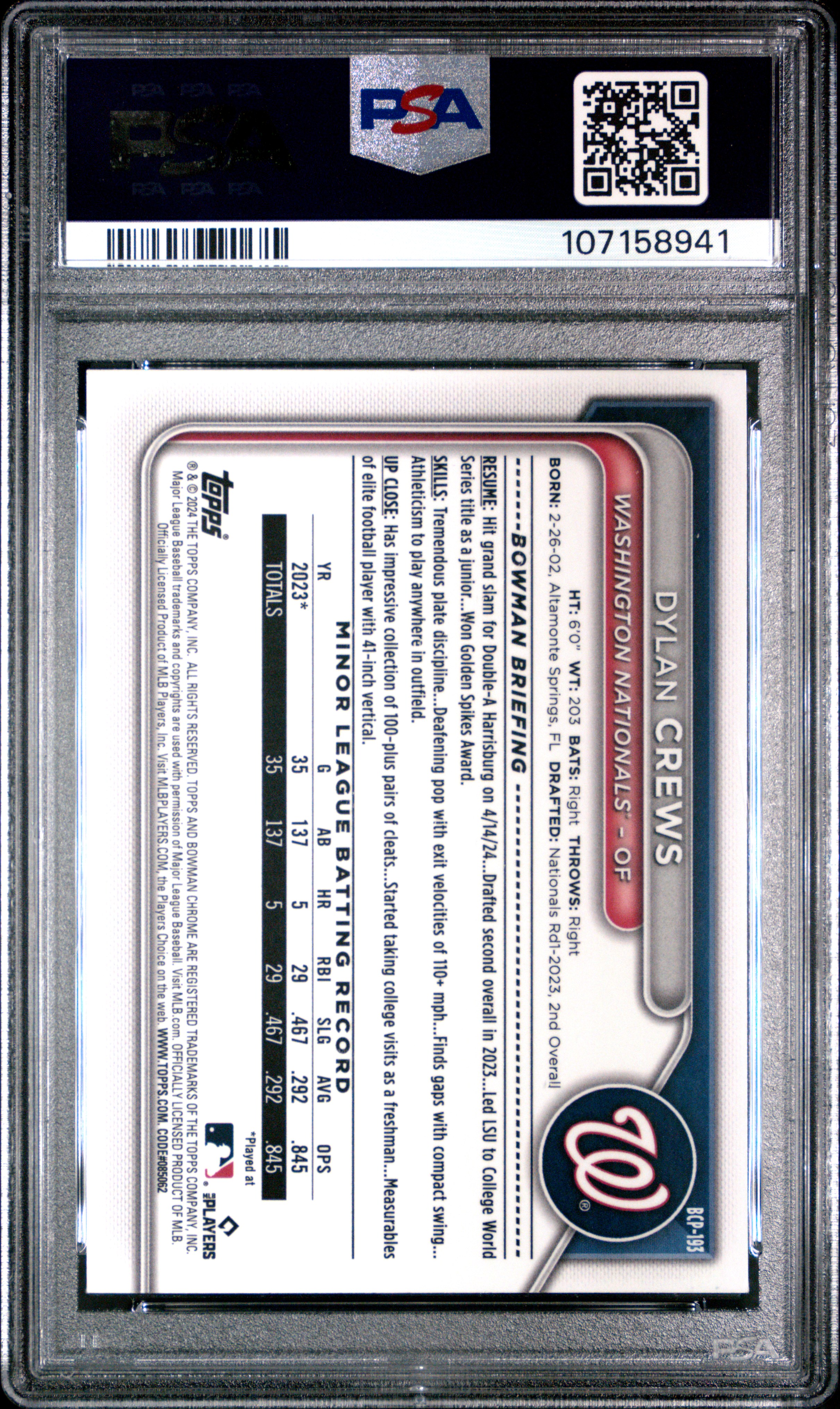 2024 Bowman Chrome Sapphire Edition Prospects Dylan Crews #193 Gem Mt 10 back