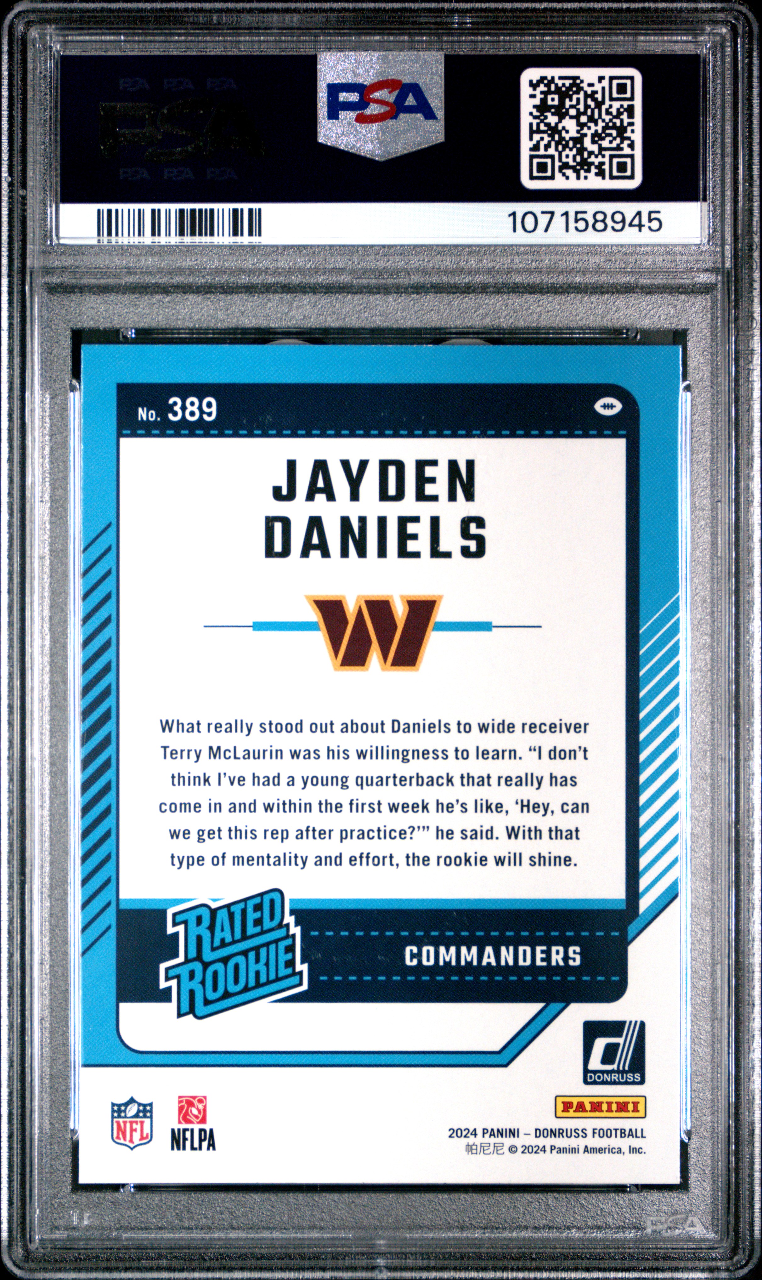 2024 Panini Donruss Jayden Daniels #389 Gem Mt 10 back