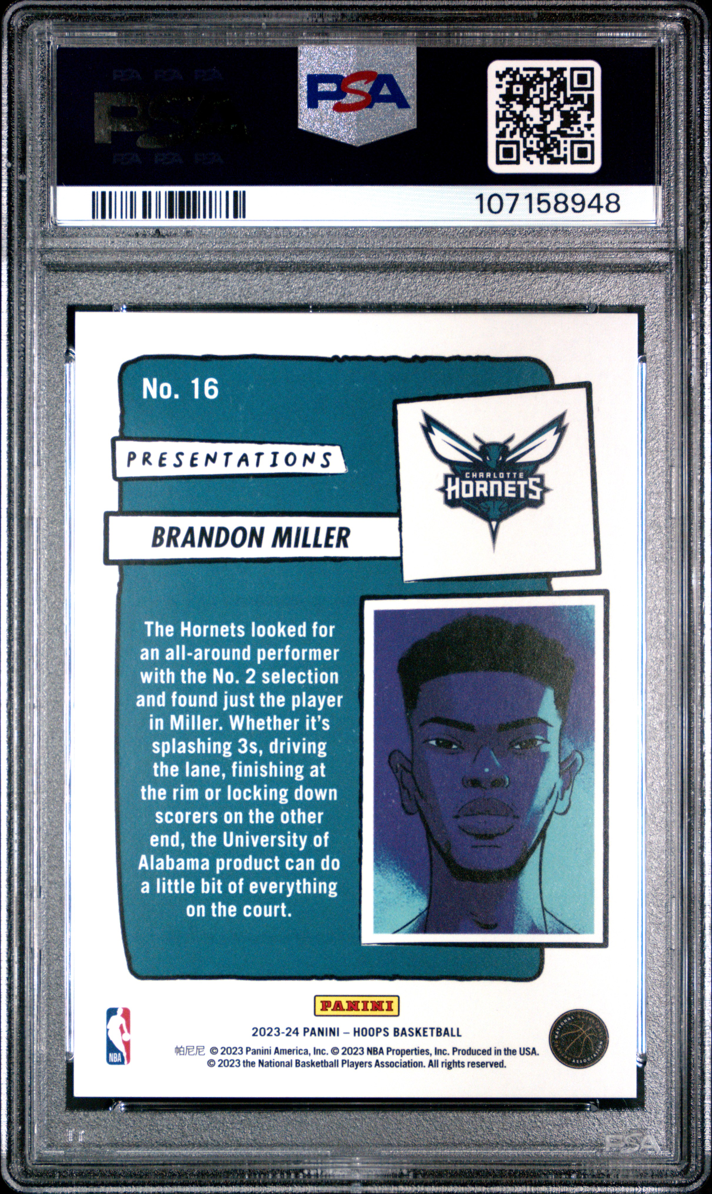 2023 Panini Nba Hoops Presentations Brandon Miller #16 Gem Mt 10 back