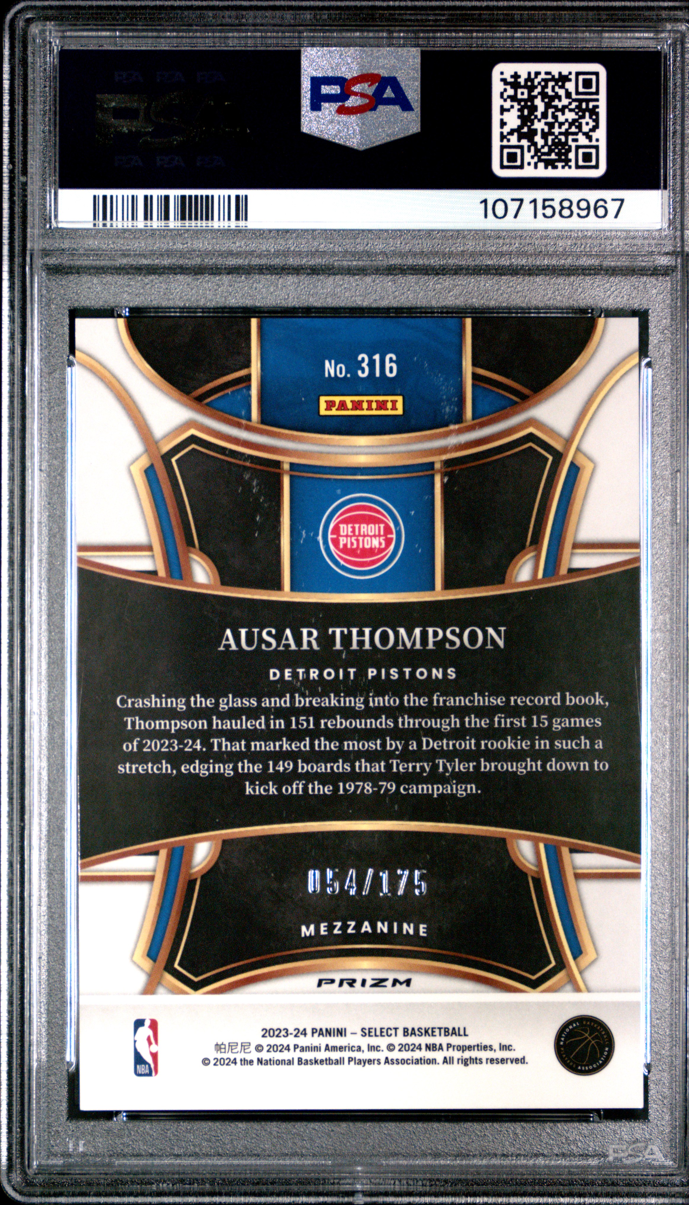 2023 Panini Select Ausar Thompson #316 (Maroon Prizm) Gem Mt 10 back