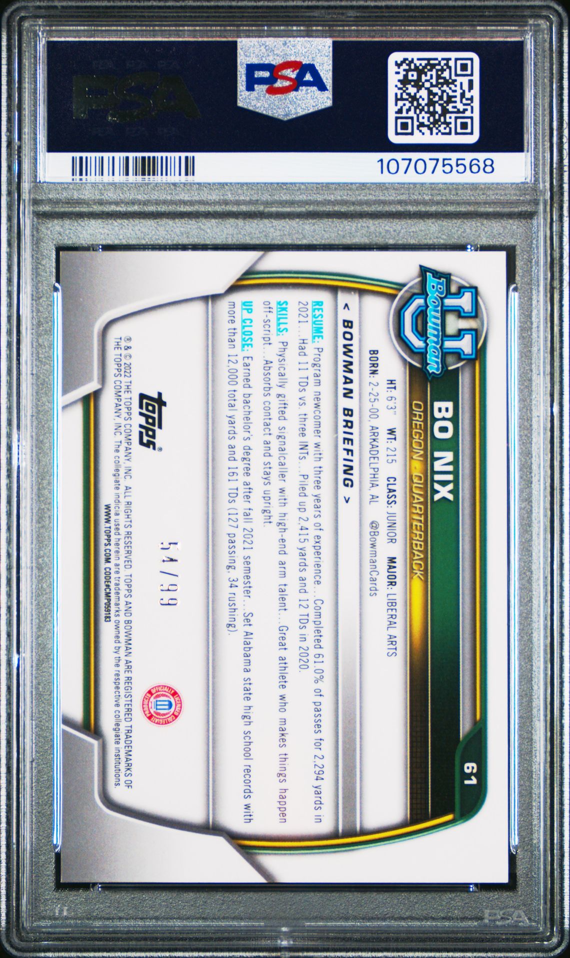 2022 Bowman University Chrome Prospects Bo Nix #61 (Chr Pros-Green Shimmer Ref) Gem Mt 10 back